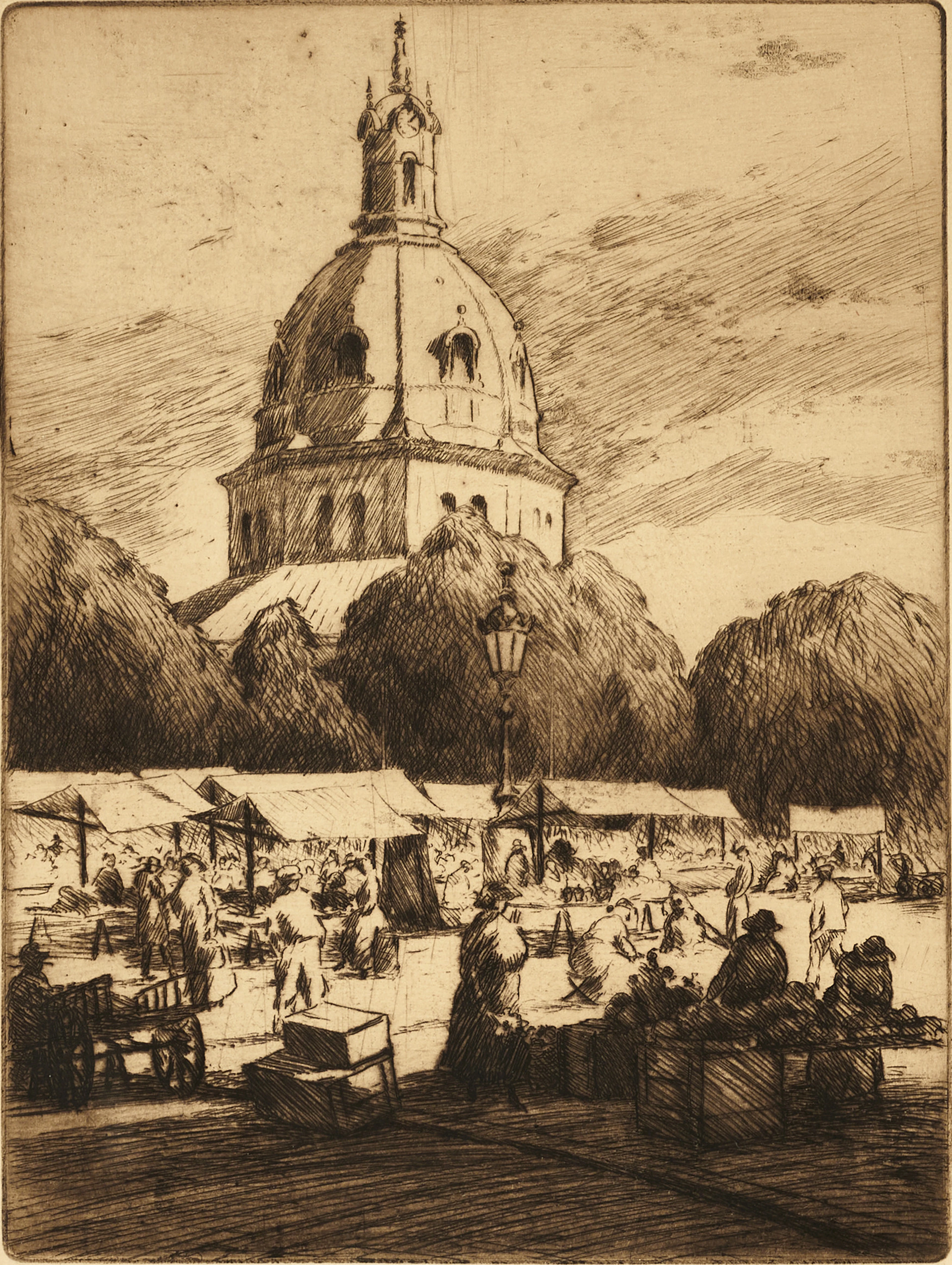 HARALD SALLBERG (1895-1963). "Östermalmstorg", utsikt mot Hedvig Eleonora