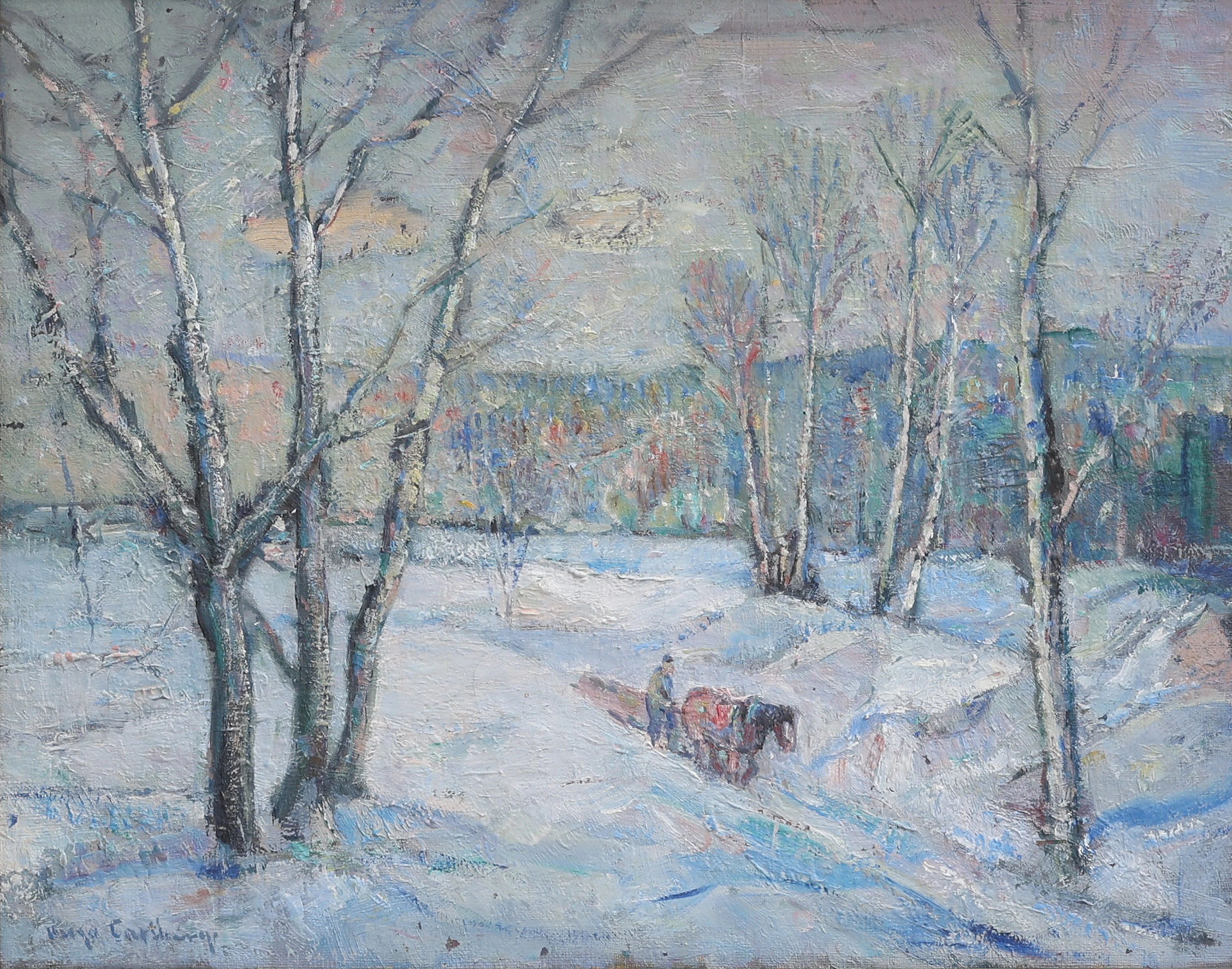 HUGO CARLBERG. OLJA PÅ DUK, VINTERLANDSKAP, SIGNERAD.