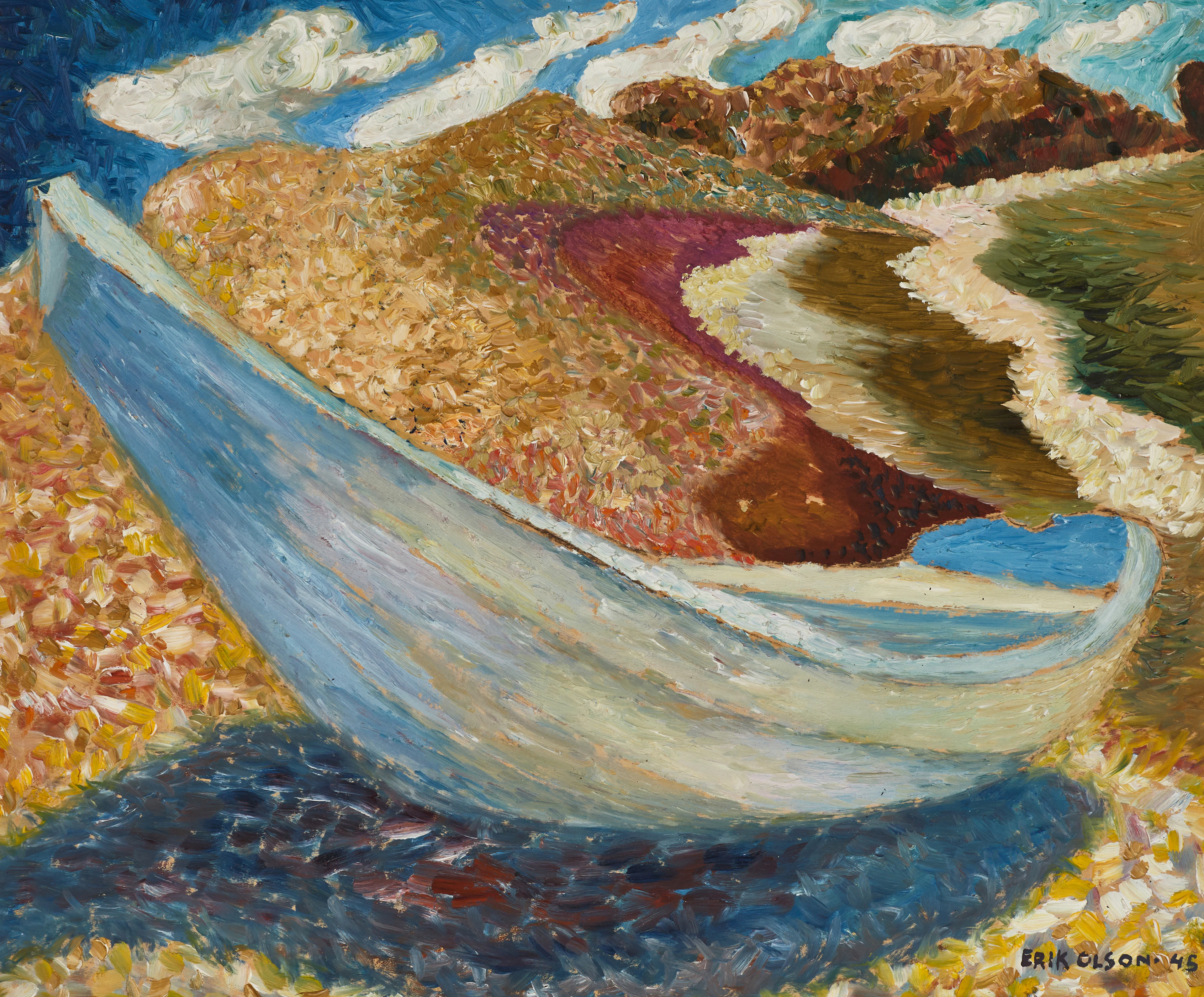 ERIK OLSON (1901-1996), "Vit båt på stormig strand", signerad och