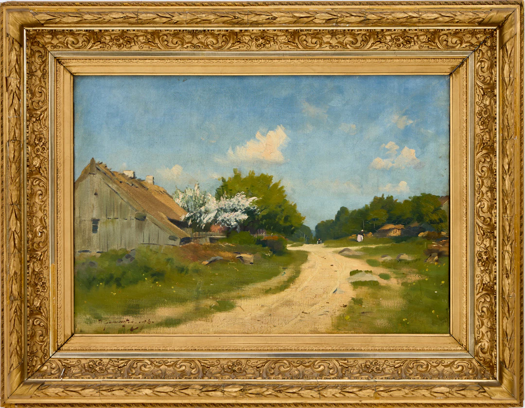 PER GUMMESON (1858-1928). Sommaridyll med byväg och blommande fruktträd