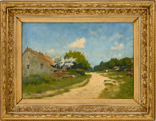 PER GUMMESON (1858-1928). Sommaridyll med byväg och blommande fruktträd