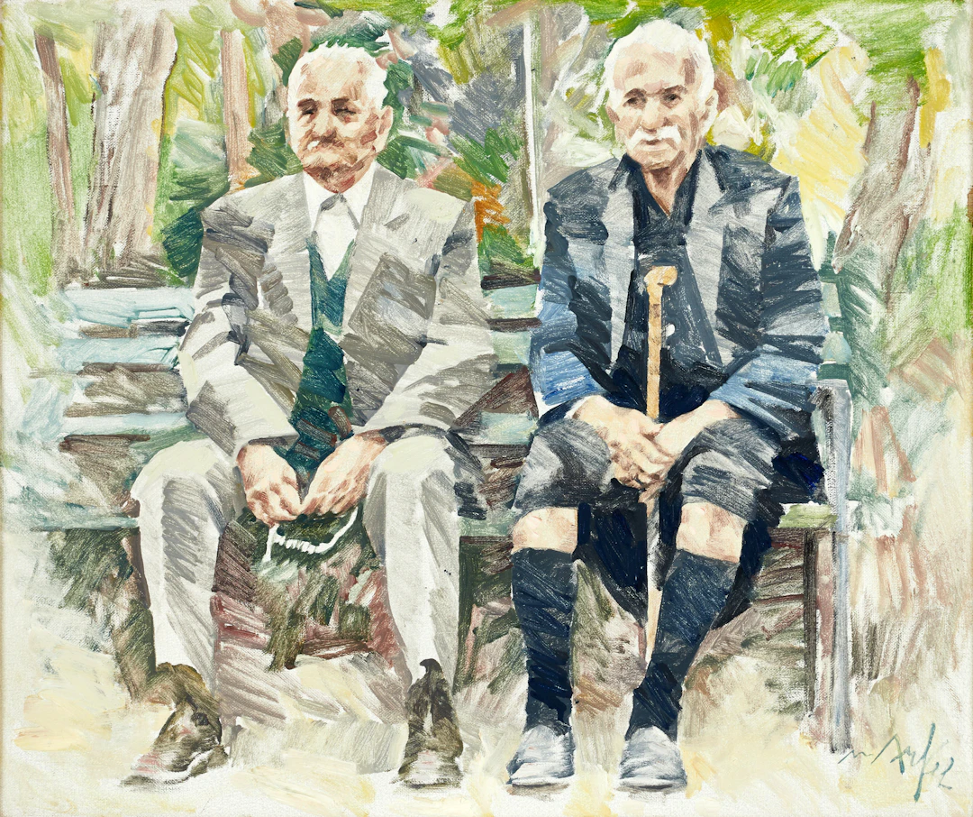 ADRIAN VAN ARKEL (1924-2006). "Greker i parken", signerad, olja på duk.