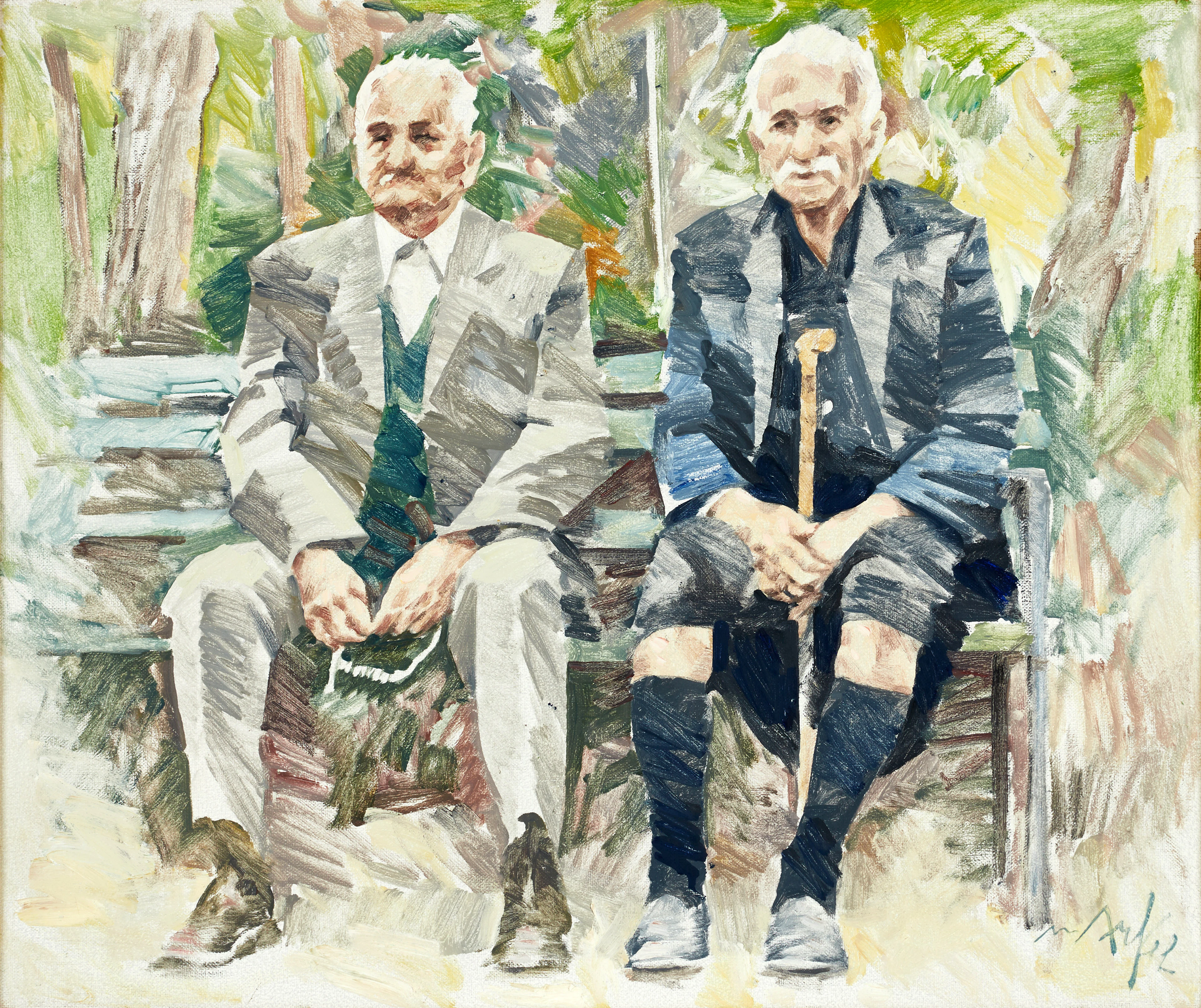 ADRIAN VAN ARKEL (1924-2006). "Greker i parken", signerad, olja på duk.