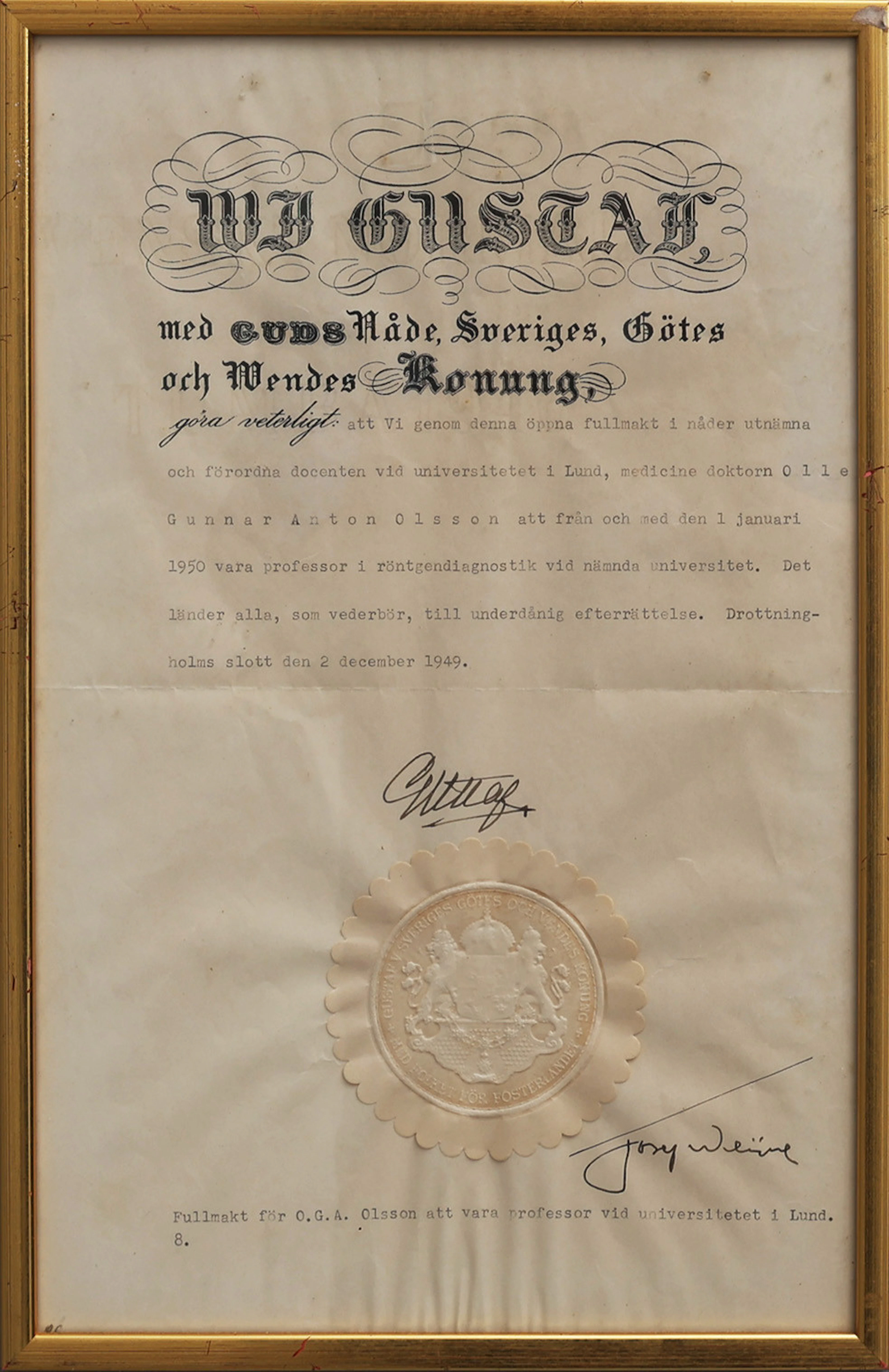 AUTOGRAF. KUNGLIG. GUSTAF V, KUNG AV SVERIGE, (1858-1950) SIGNERAD