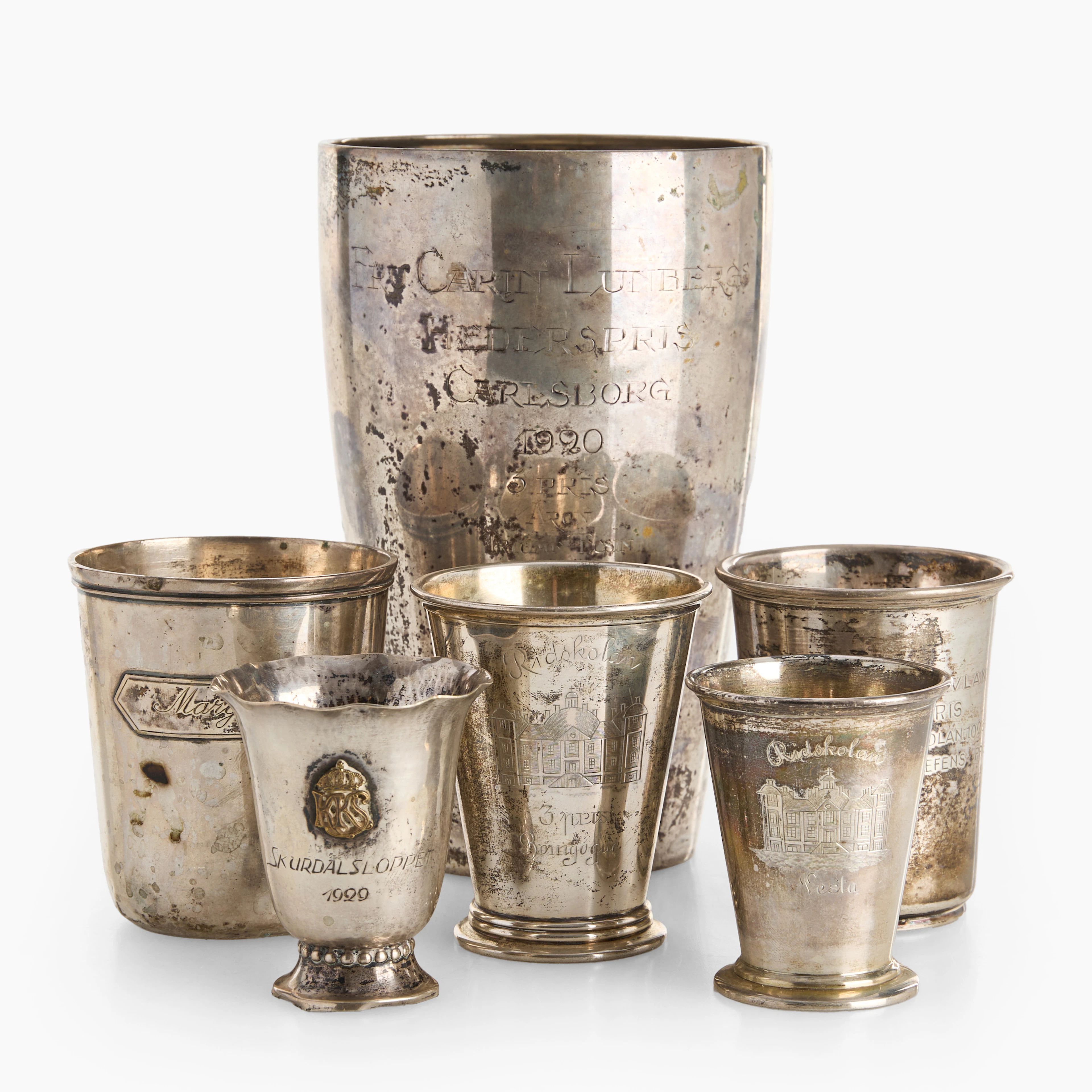 BÄGARE, 6 st, silver, olika svenska tillverkare och årtal, 18/1900-tal.