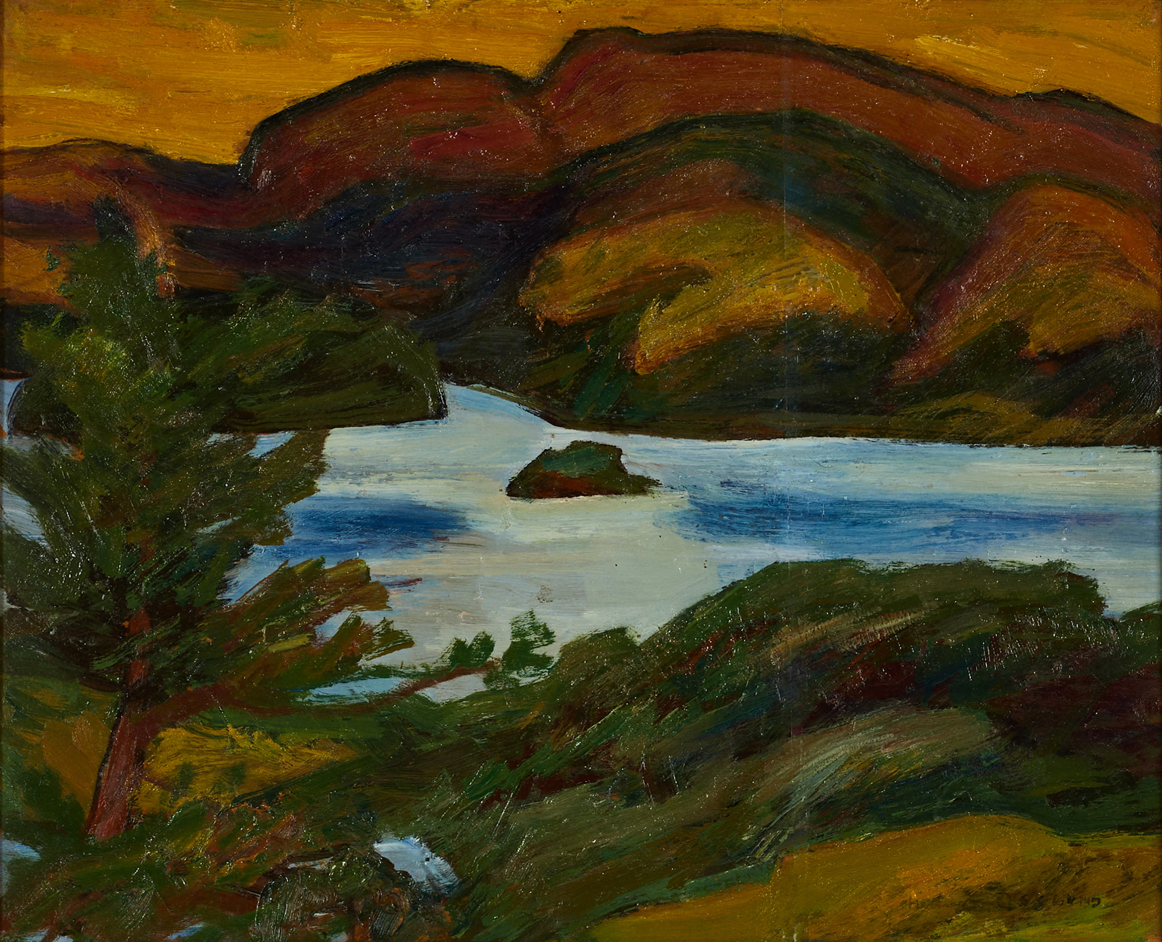 HELMER OSSLUND (SVERIGE, 1866-1938). Norrländskt landskap i höstskrud