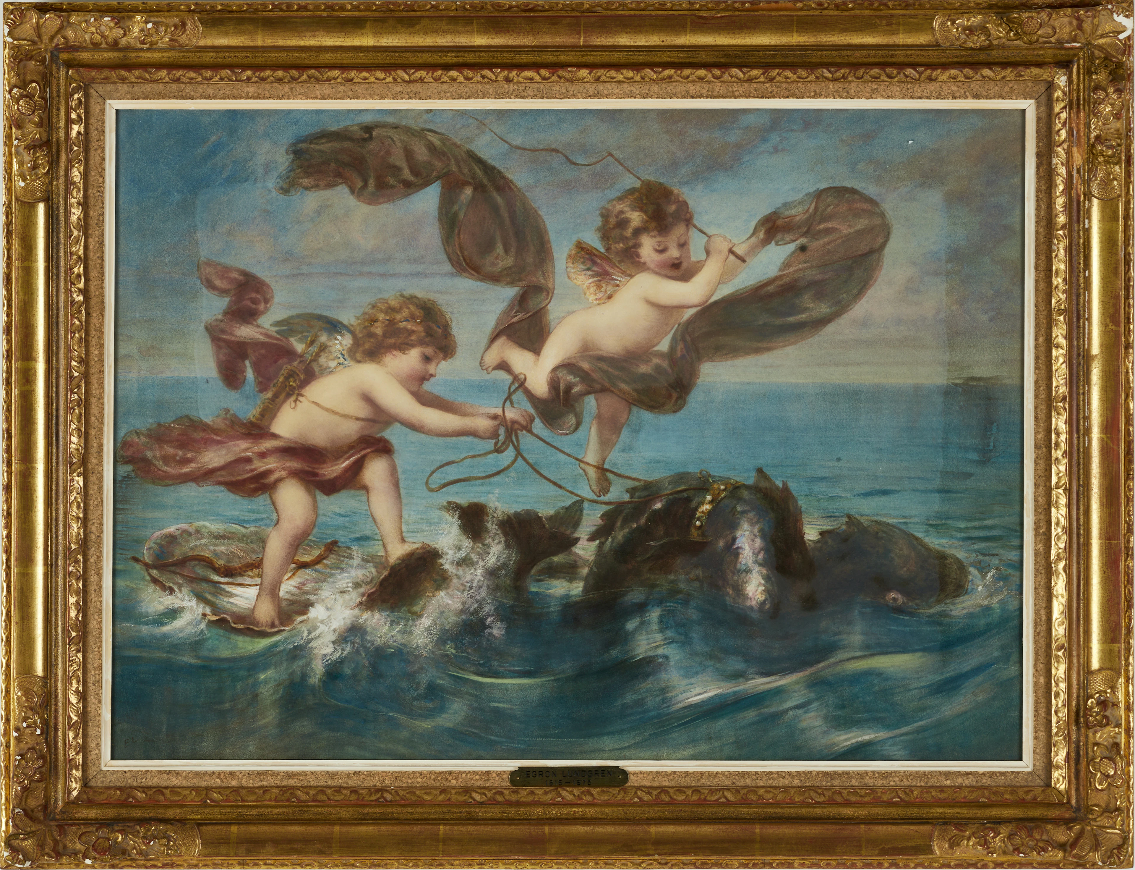EGRON LUNDGREN (1815-1875). Keruber ridandes på havsdjur, monogramsignerad