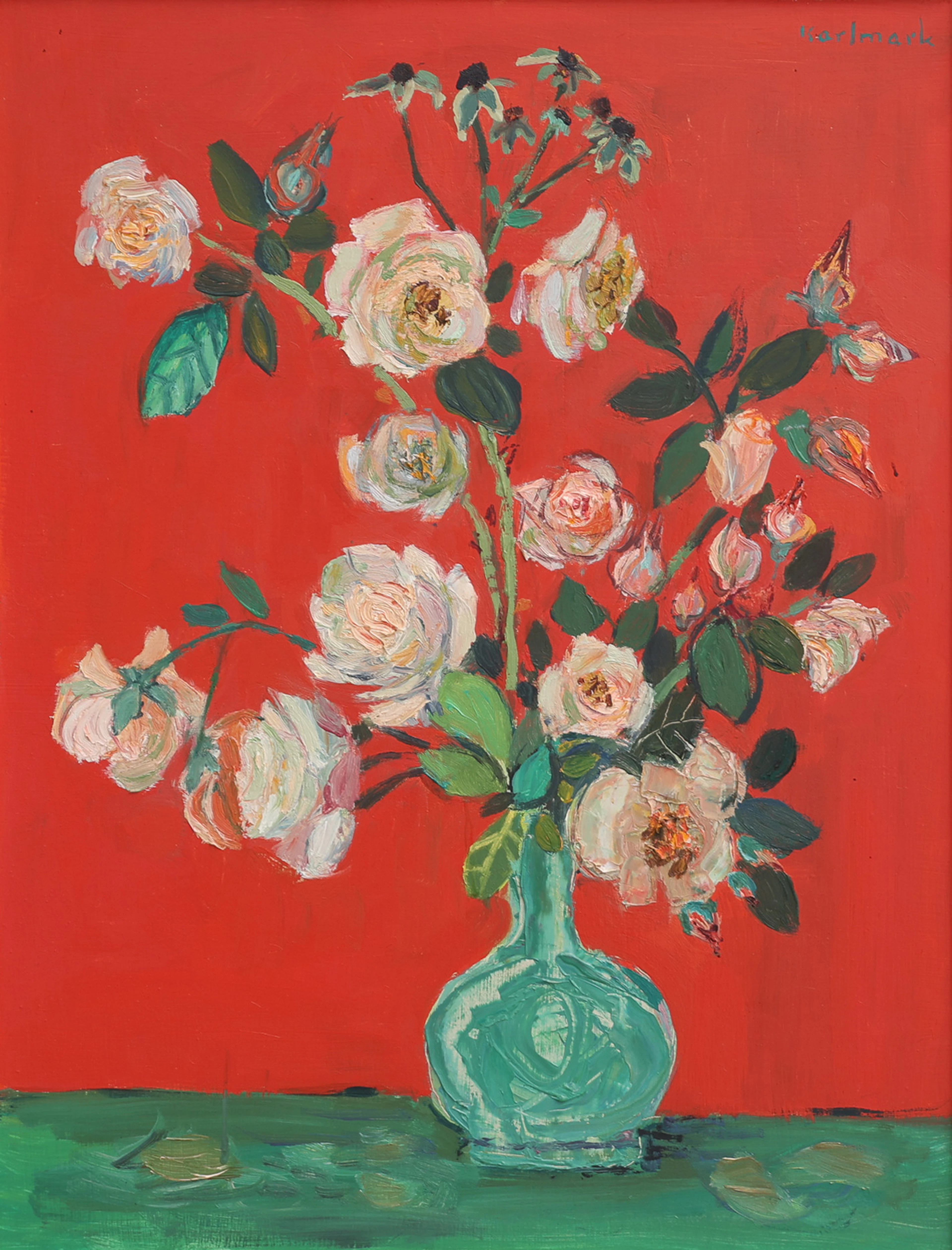 GERHARD KARLMARK. OLJA PÅ PANNÅ, BLOMSTERSTILLEBEN, SIGNERAD.