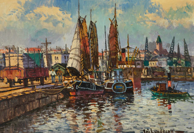 ERIC LUNDGREN (1907-2001). Hamnmotiv från Göteborg, signerad, olja på duk.