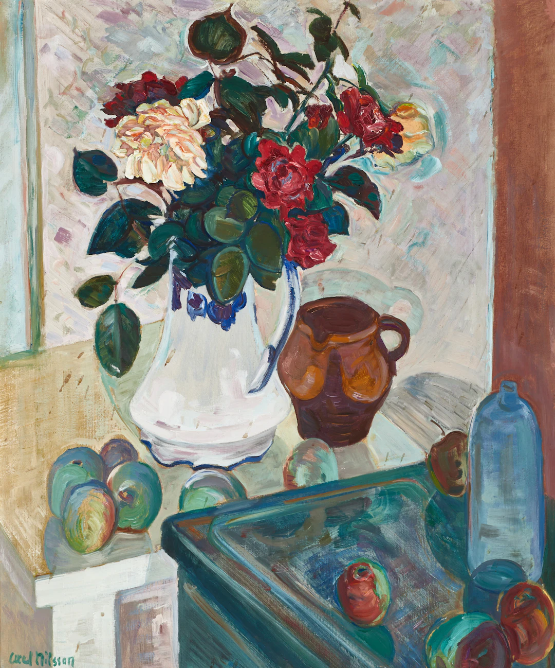 AXEL NILSSON (1889-1981). "Nature morte med blommor och äpplen", signerad