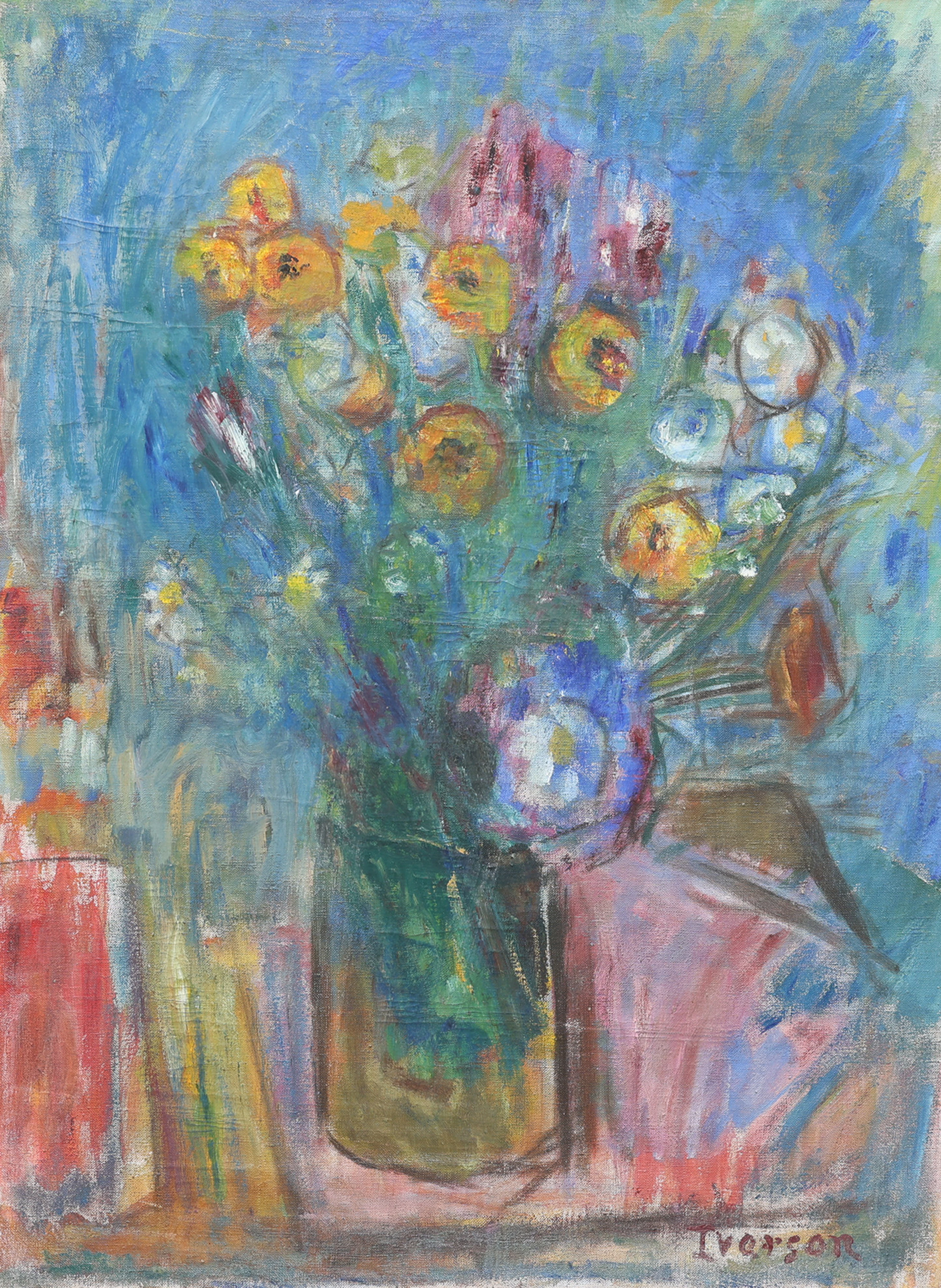 IVAN IVARSON. STILLEBEN MED BLOMSTER I VAS MOT BLÅ FOND.