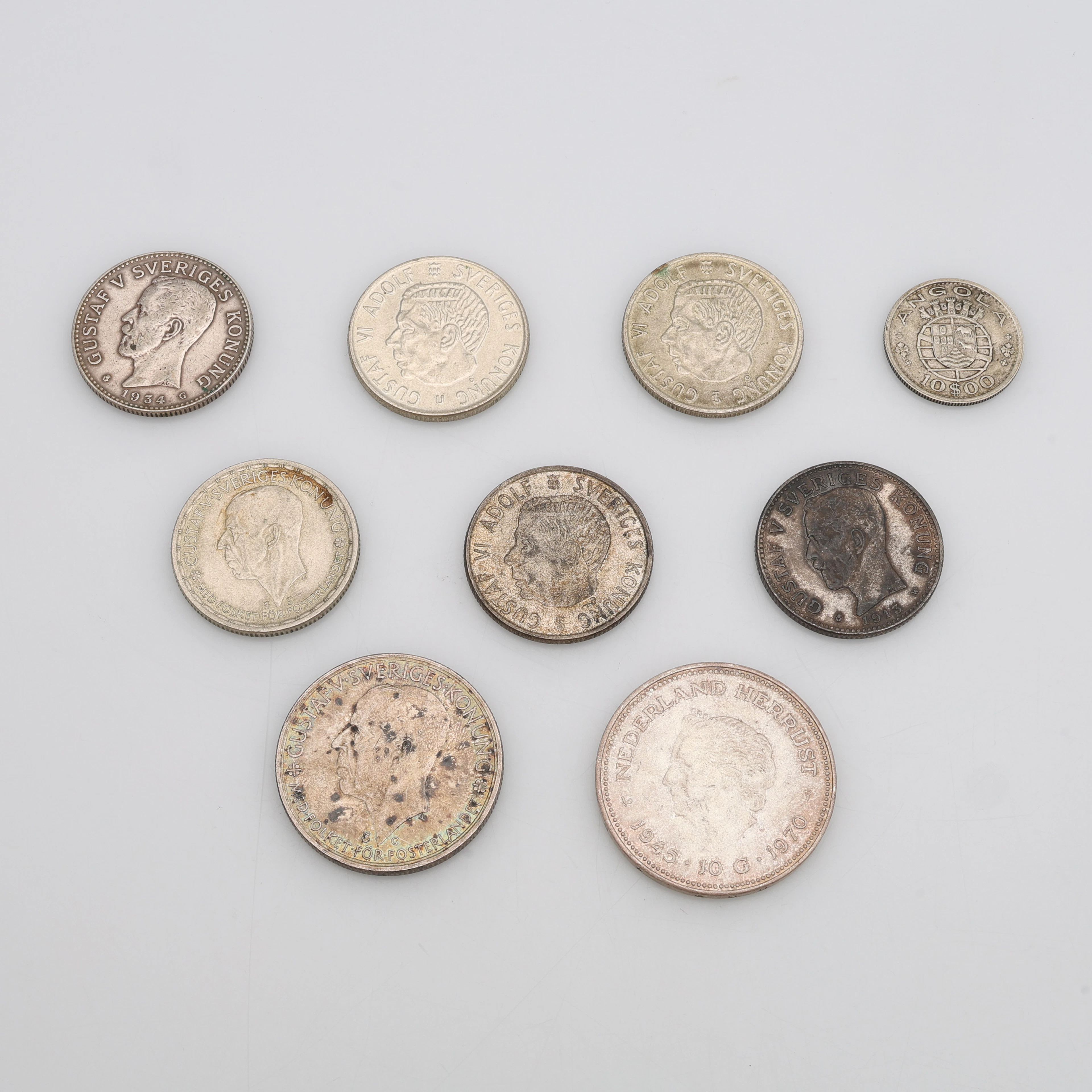 SILVERMYNT, 9 ST, SVERIGE, NEDERLÄNDERNA & ANGOLA/PORTUGAL, TOTALT 141 GRAM.