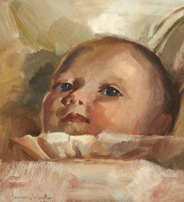 GUNNAR WALLENTIN (1905-1997). Spädbarn, signerad, daterad -43, olja på pannå.