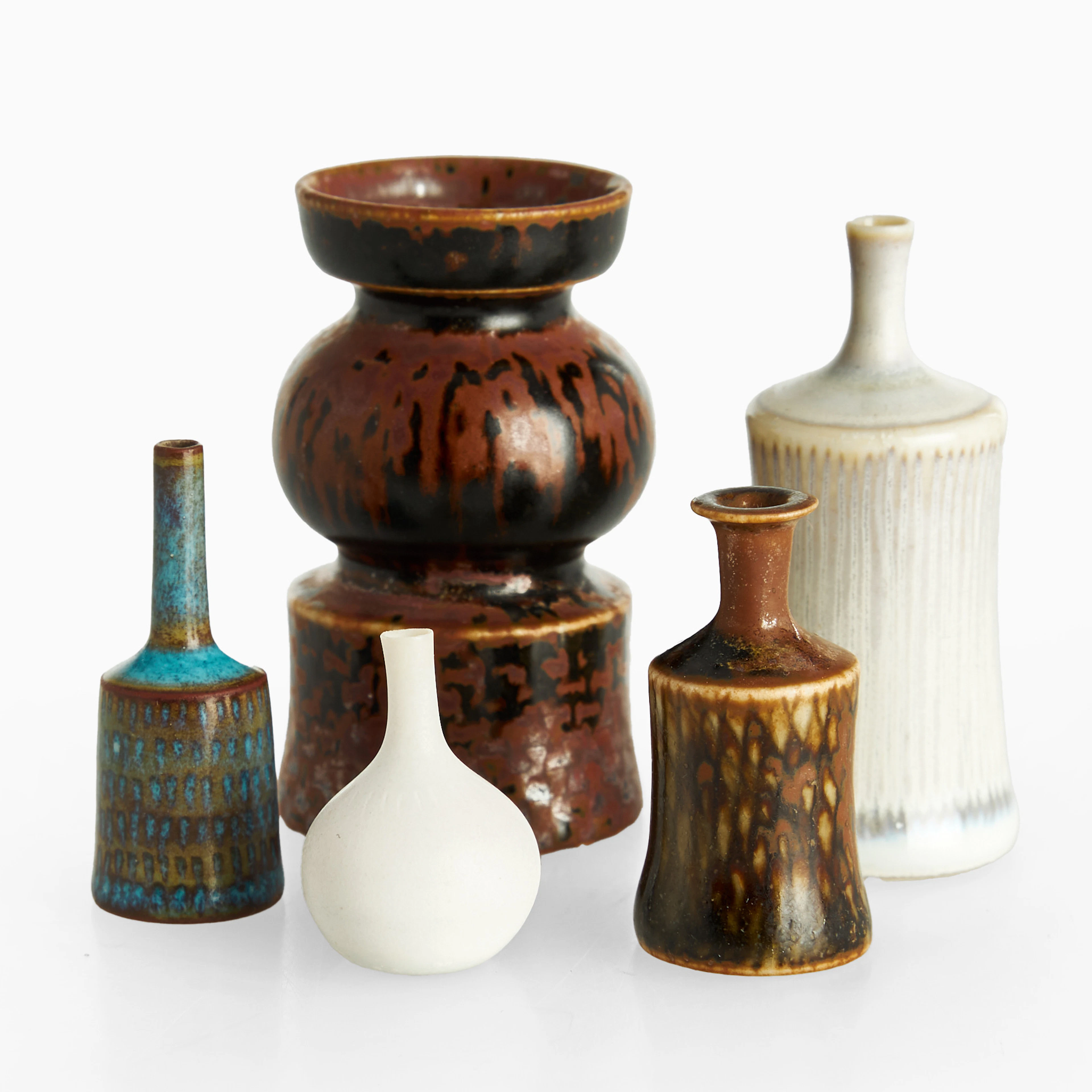 STIG LINDBERG (1916–1982). Miniatyrer, 5 st, vaser, Gustavsbergs Studio