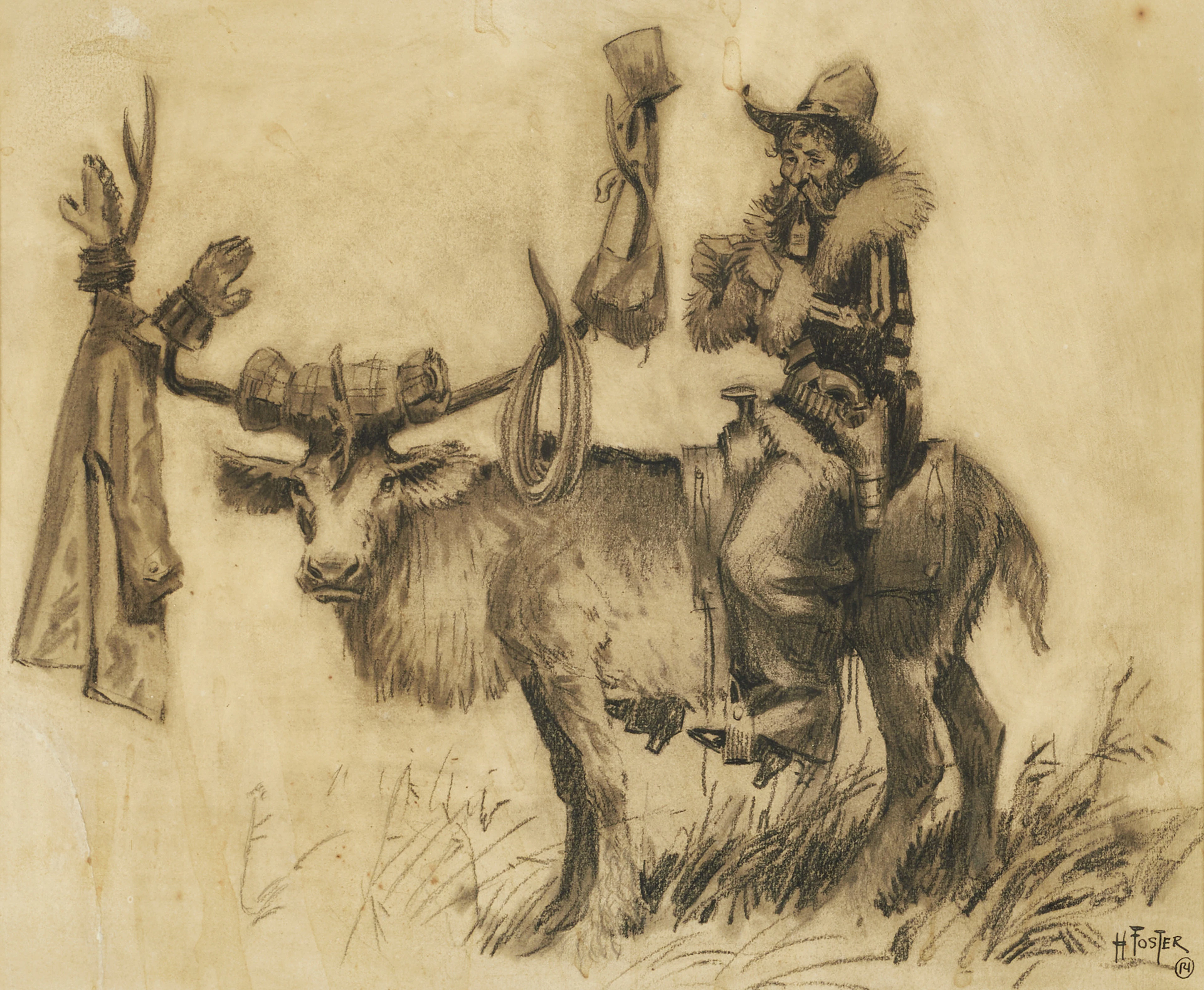 HAROLD "HAL" FOSTER (Kanada/USA, 1892-1982). Cowboy och ren, signerad