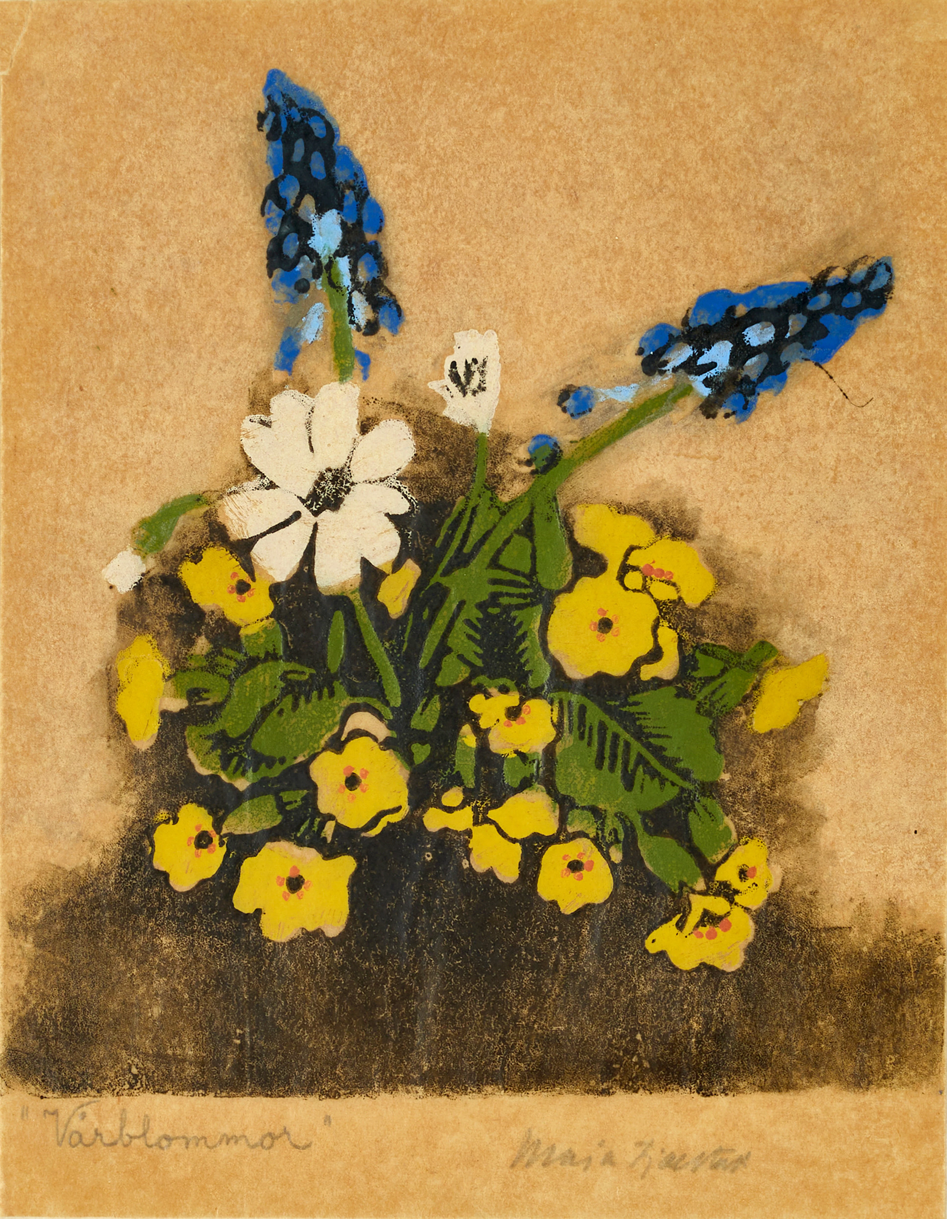 MAJA FJÆSTAD (1873-1961). "Vårblommor", signerad Maja Fjaestad, handtryck
