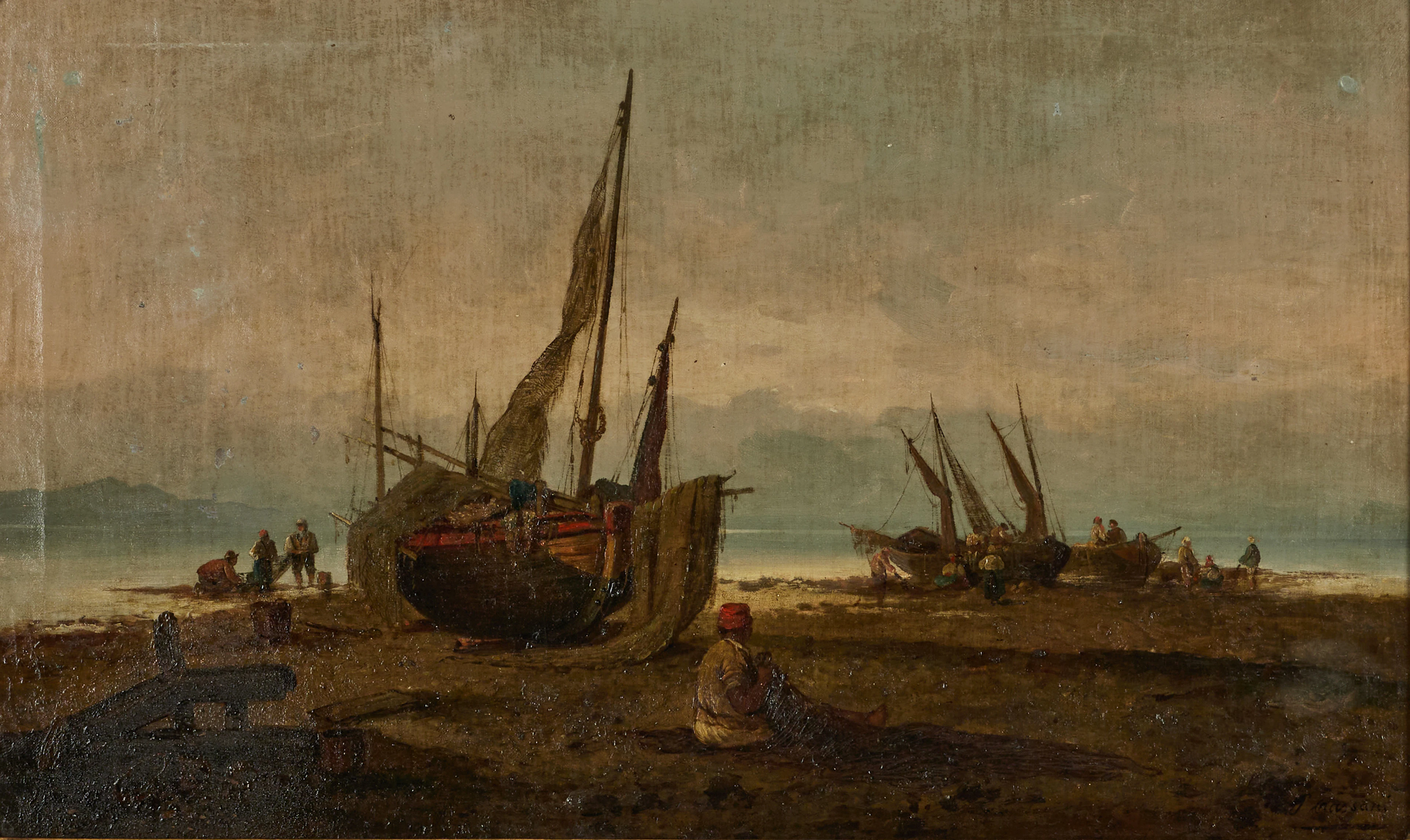 P. CASSANI (1800-tal). Fiskeskutor vid strandkant, signerad, olja på duk.