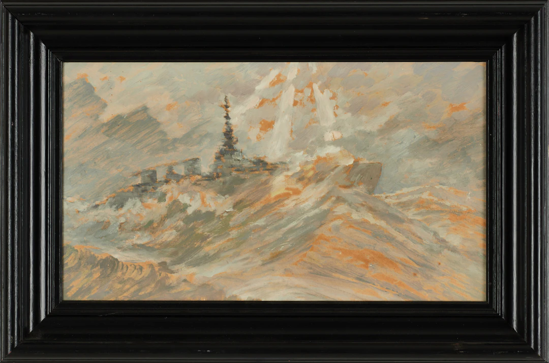 ARNOLD STRINDBERG (1883-1946). "Kryssare i storm", olja på pannå.