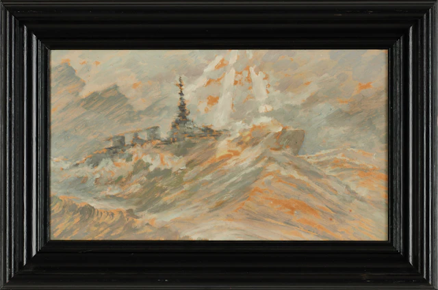 ARNOLD STRINDBERG (1883-1946). "Kryssare i storm", olja på pannå.