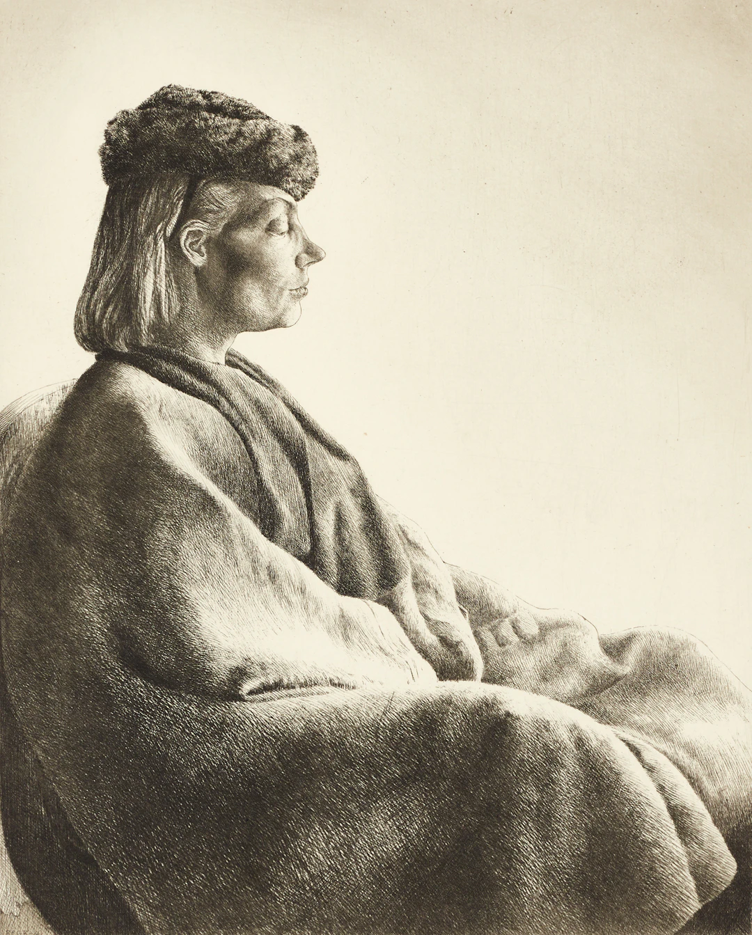 STIG ÅSBERG (1909-1968). Dam i pälsmössa, etsning.