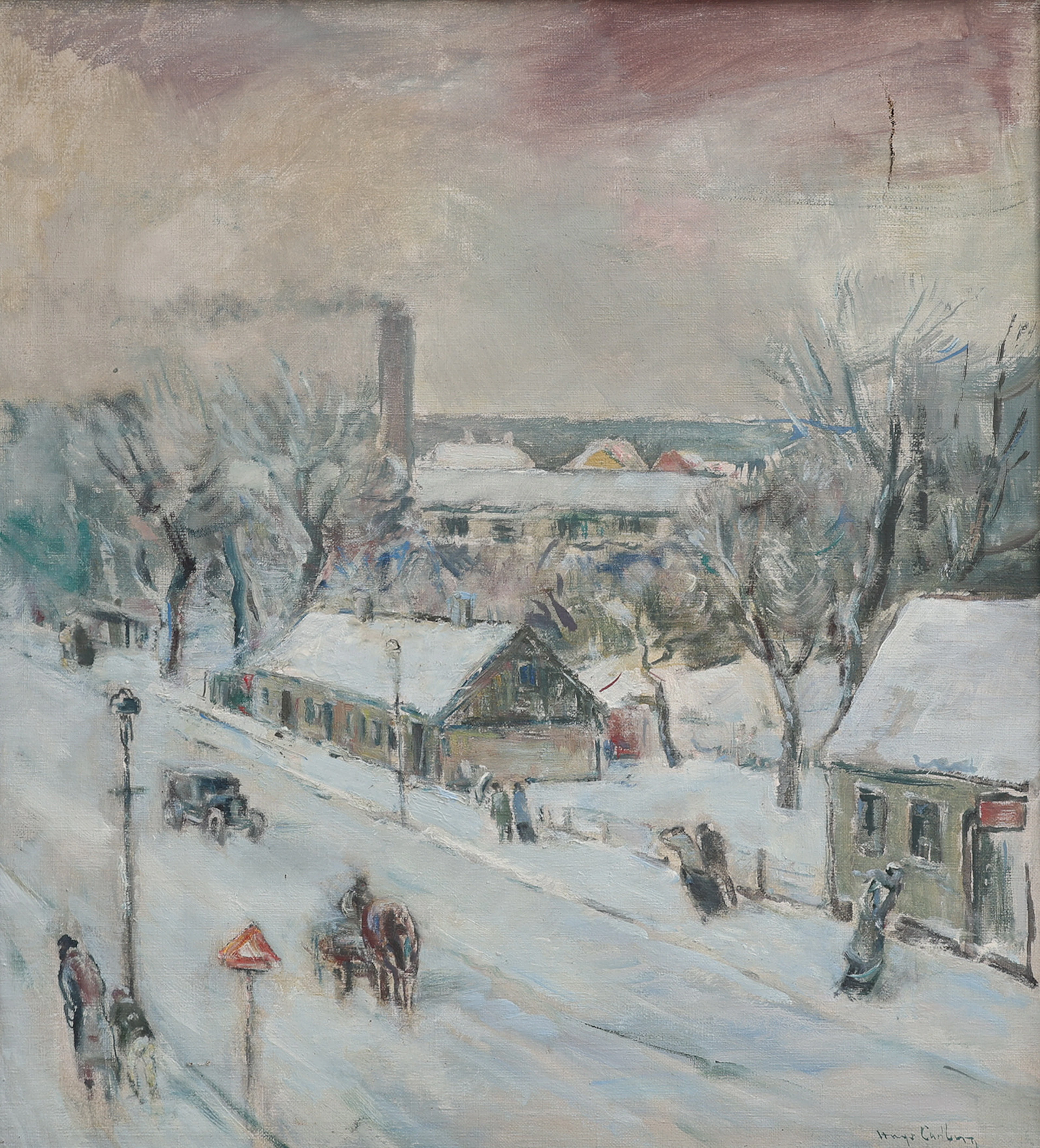 HUGO CARLBERG. "LUND I SNÖYRA", 1934 (STORA SÖDERGATAN MED MEJERIET I FONDEN.