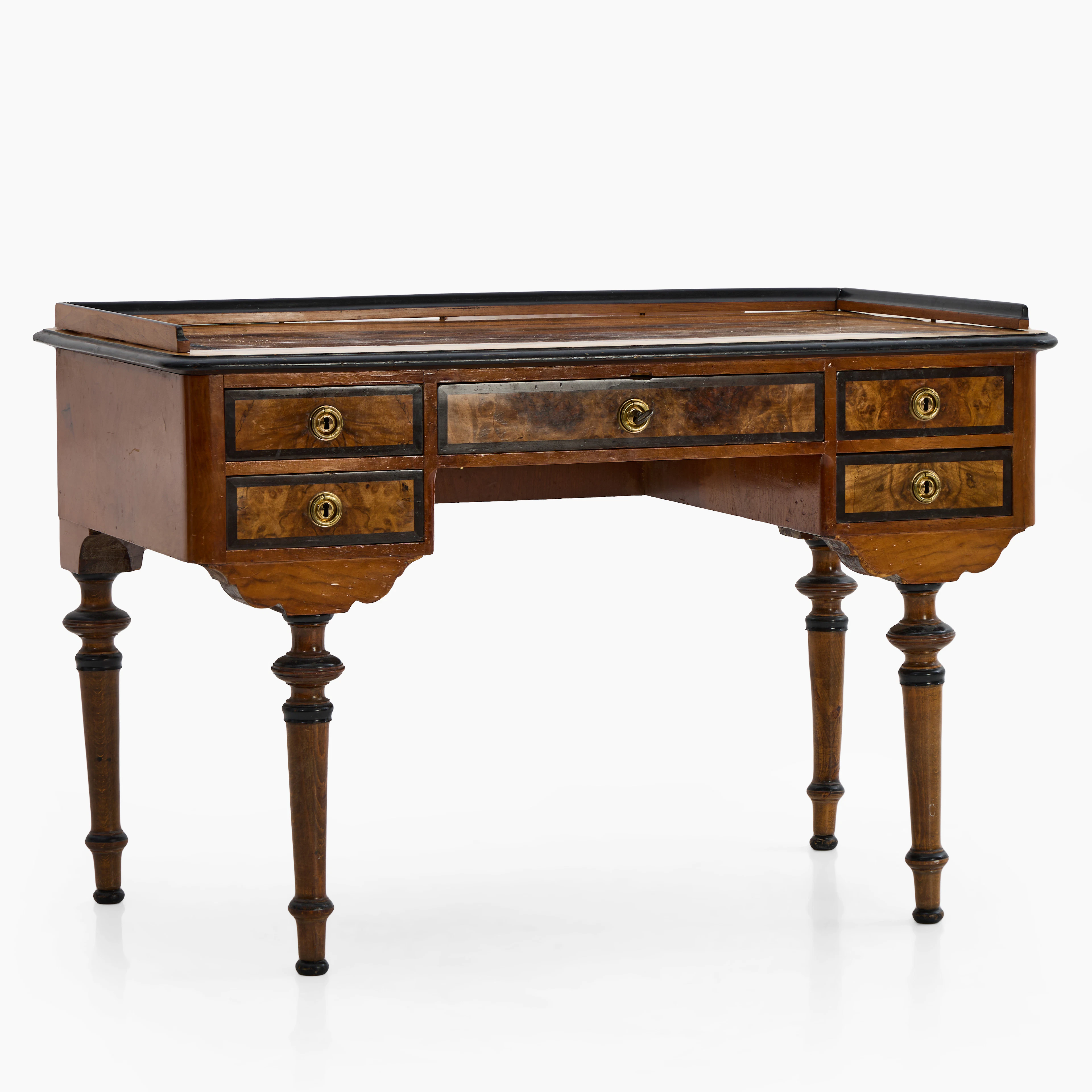 SKRIVBORD, 1800-talets andra hälft, nyrenässans, med 5 lådor, fanerad