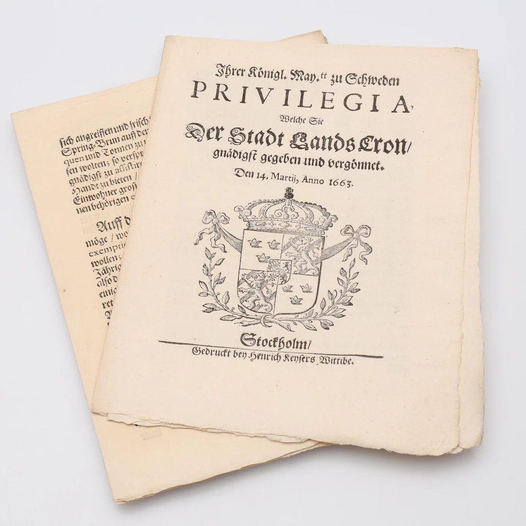 LANDSKRONA. TYSK UPPLAGA AV LANDSKRONA STADS PRIVILEGIEBREV 1663 UNDERTECKNAT