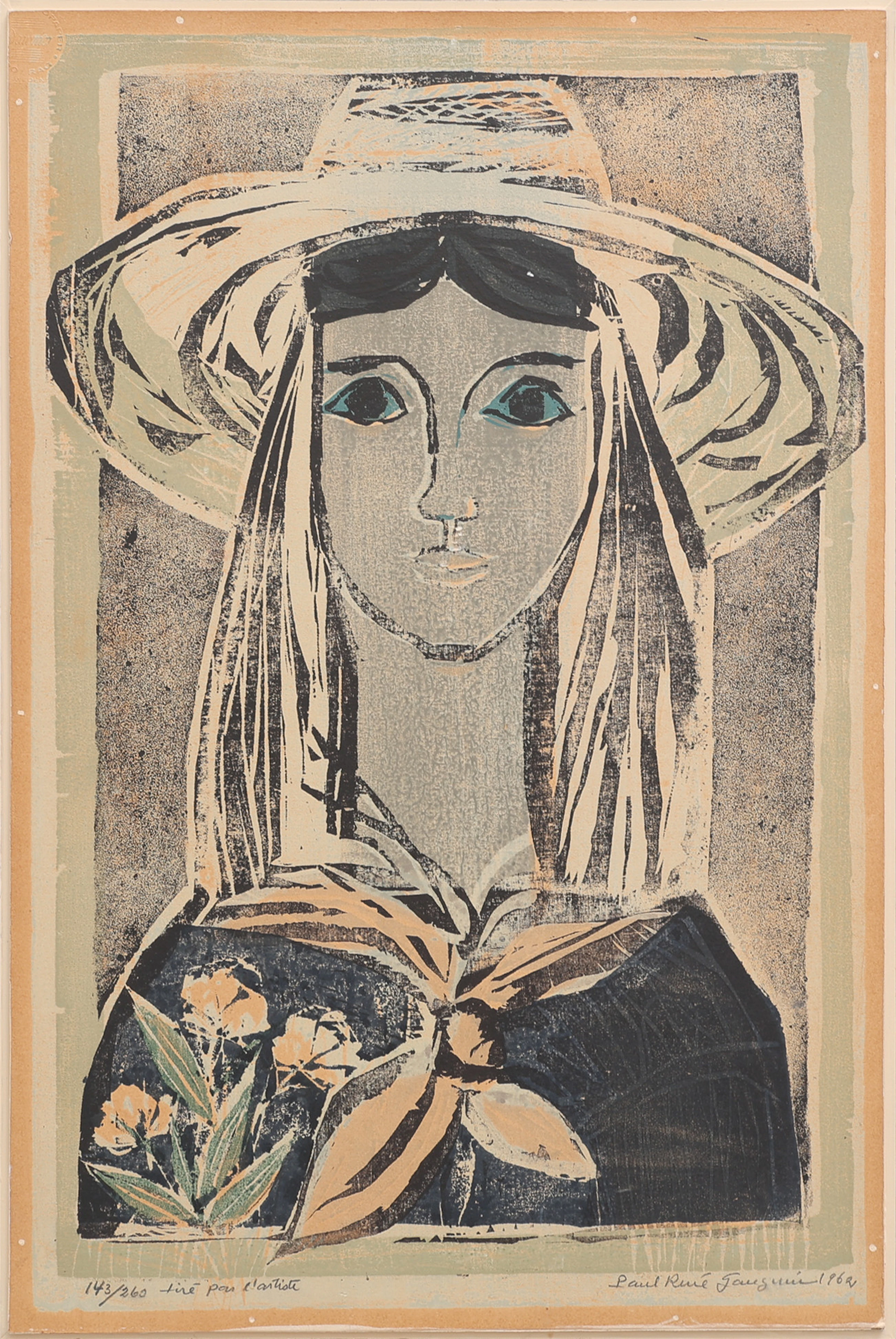 PAUL RENE GAUGUIN. EN FACE, LITOGRAFI, SIGNERAD OCH DATERAD 1962.