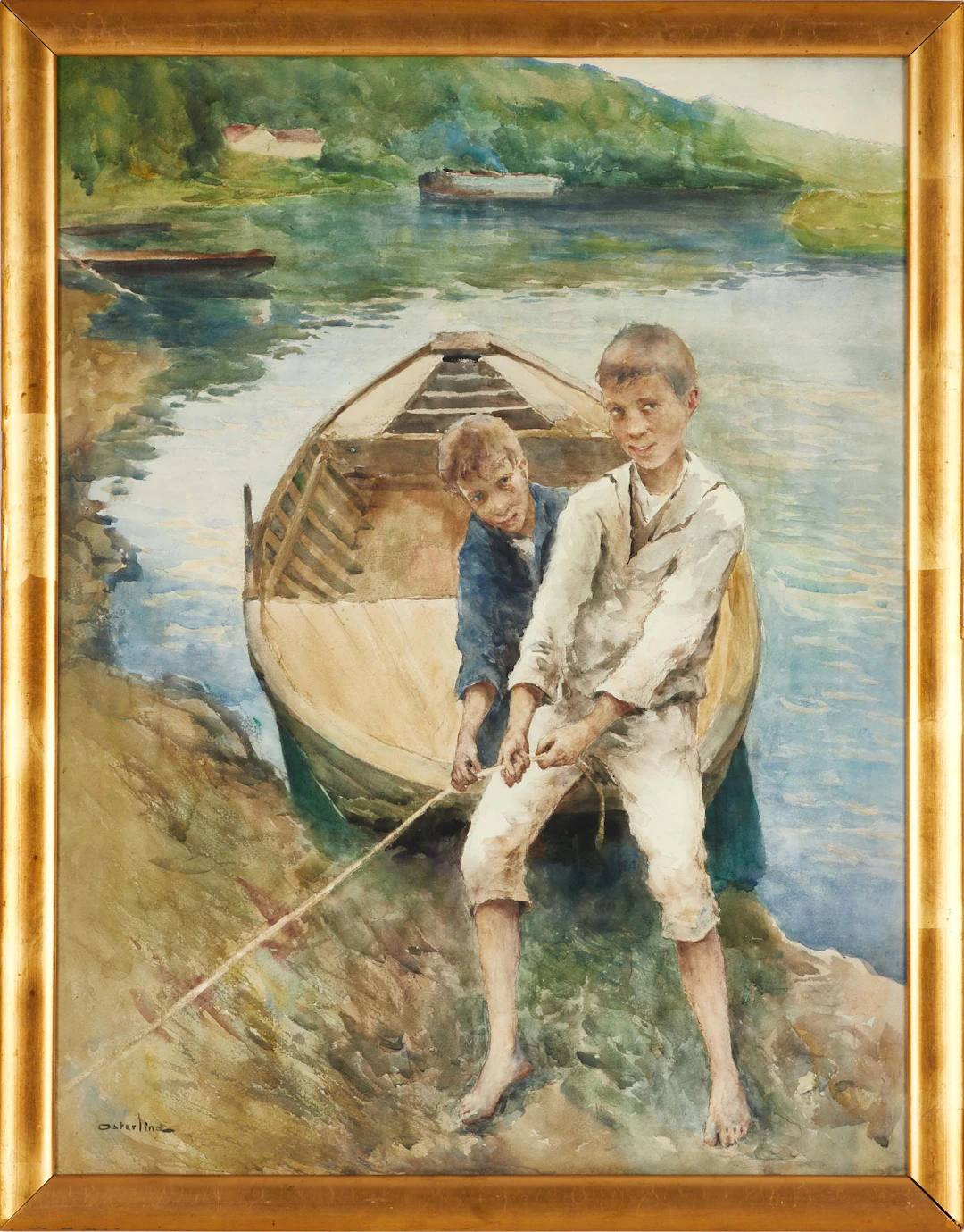 ALLAN ÖSTERLIND (1855–1938). Gossar vid båt, signerad, akvarell.