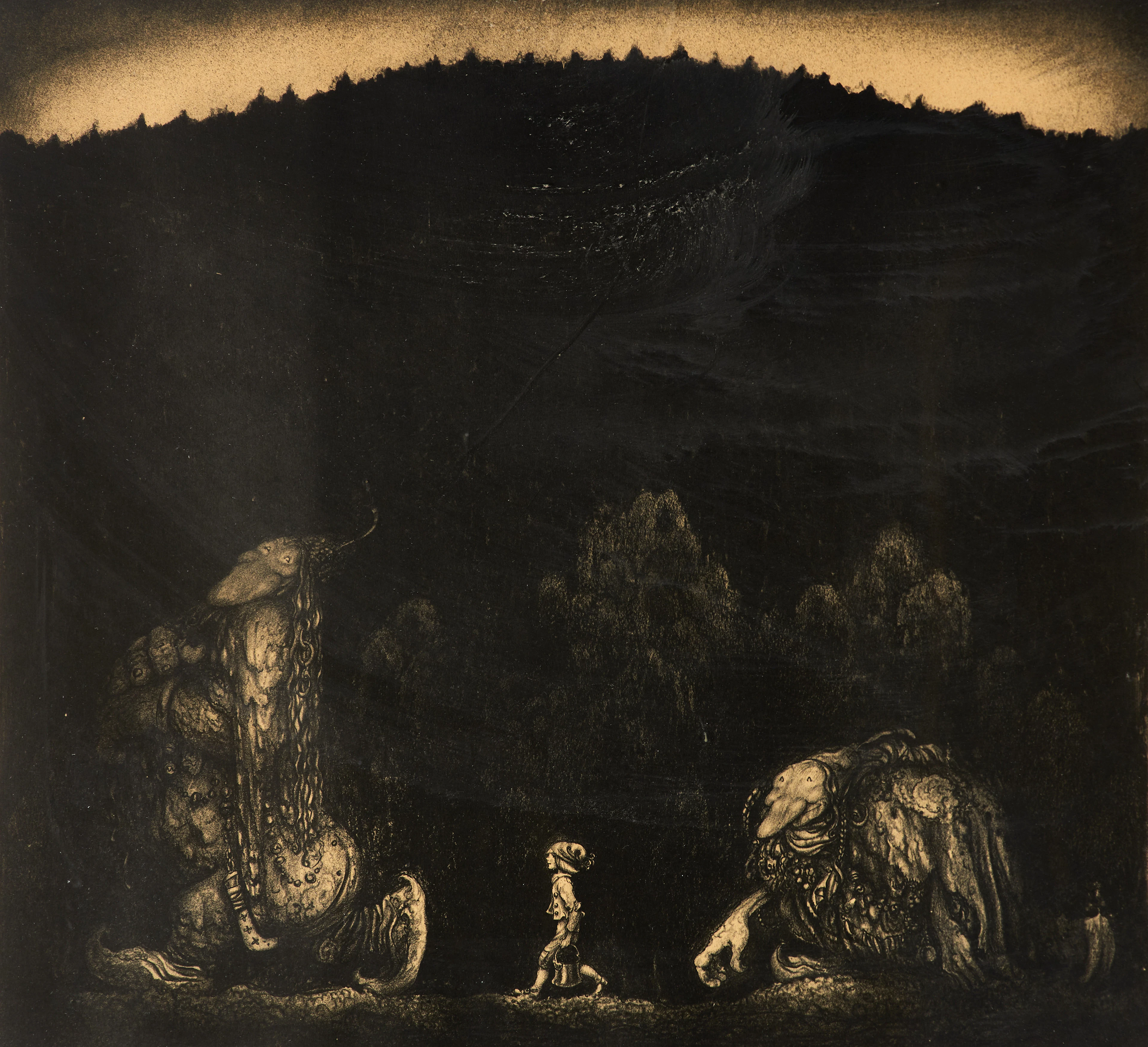 JOHN BAUER (SVERIGE, 1882–1918). EFTER. "Pojke och två troll", litografi.