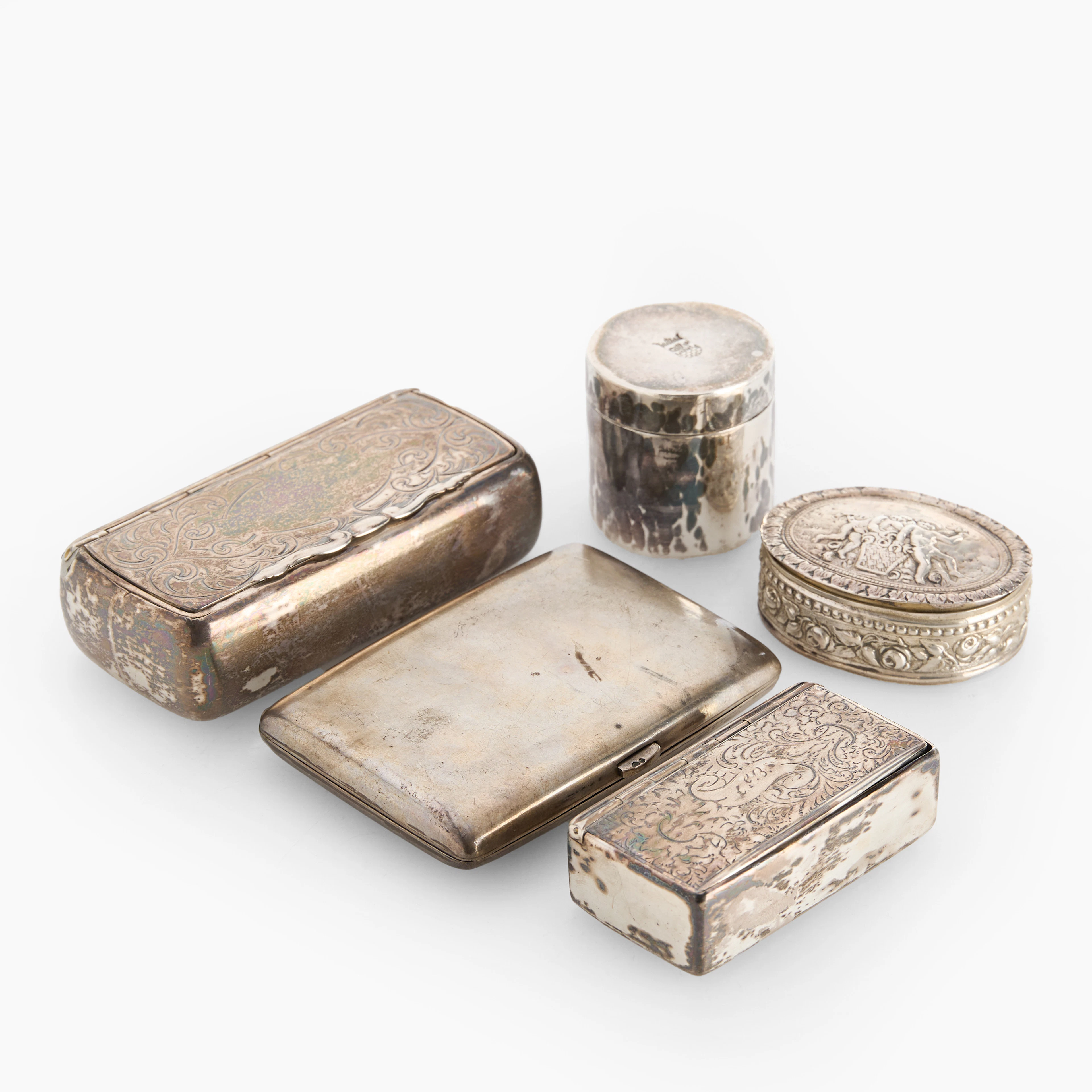 DOSOR & ETUI, 5 st, silver, svenska stämplar, 18/1900-tal.