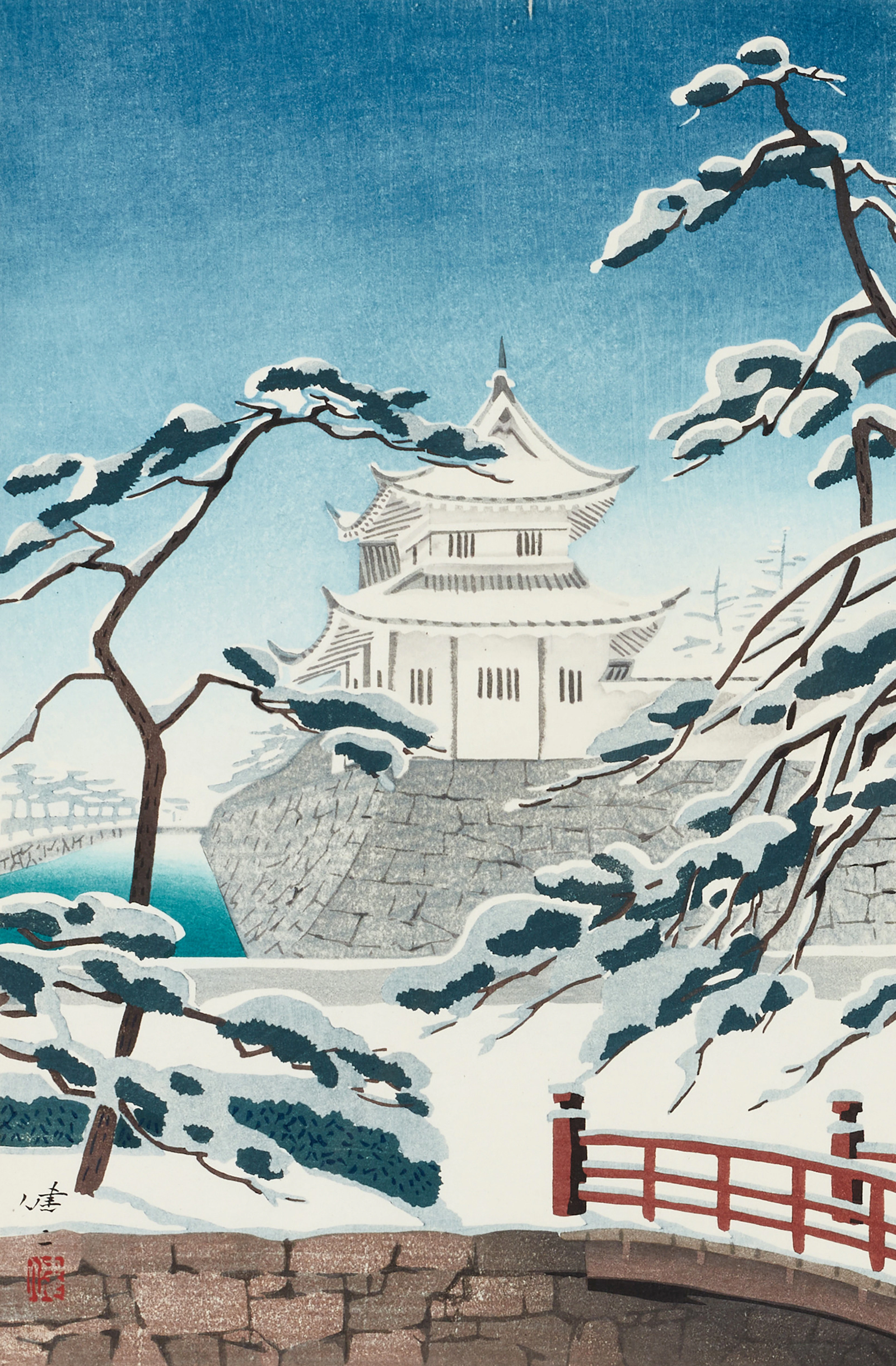 KENJI KAWAI (1908-1995), Nijo castle, nice day efter snow, träsnitt 1947.