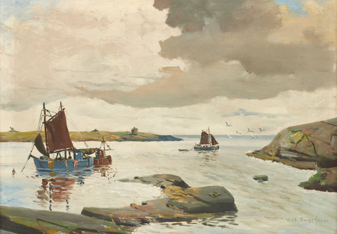 VILHELM ENGSTRÖM (1900-tal). Skärgårdsmotiv med fiskeskutor, signerad