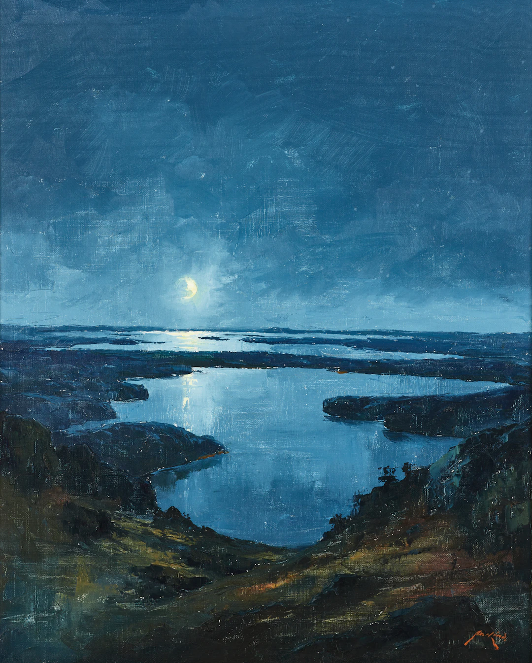 AXEL LIND (1907-2011). Kustmotiv i månsken. Signerad. Olja på duk.