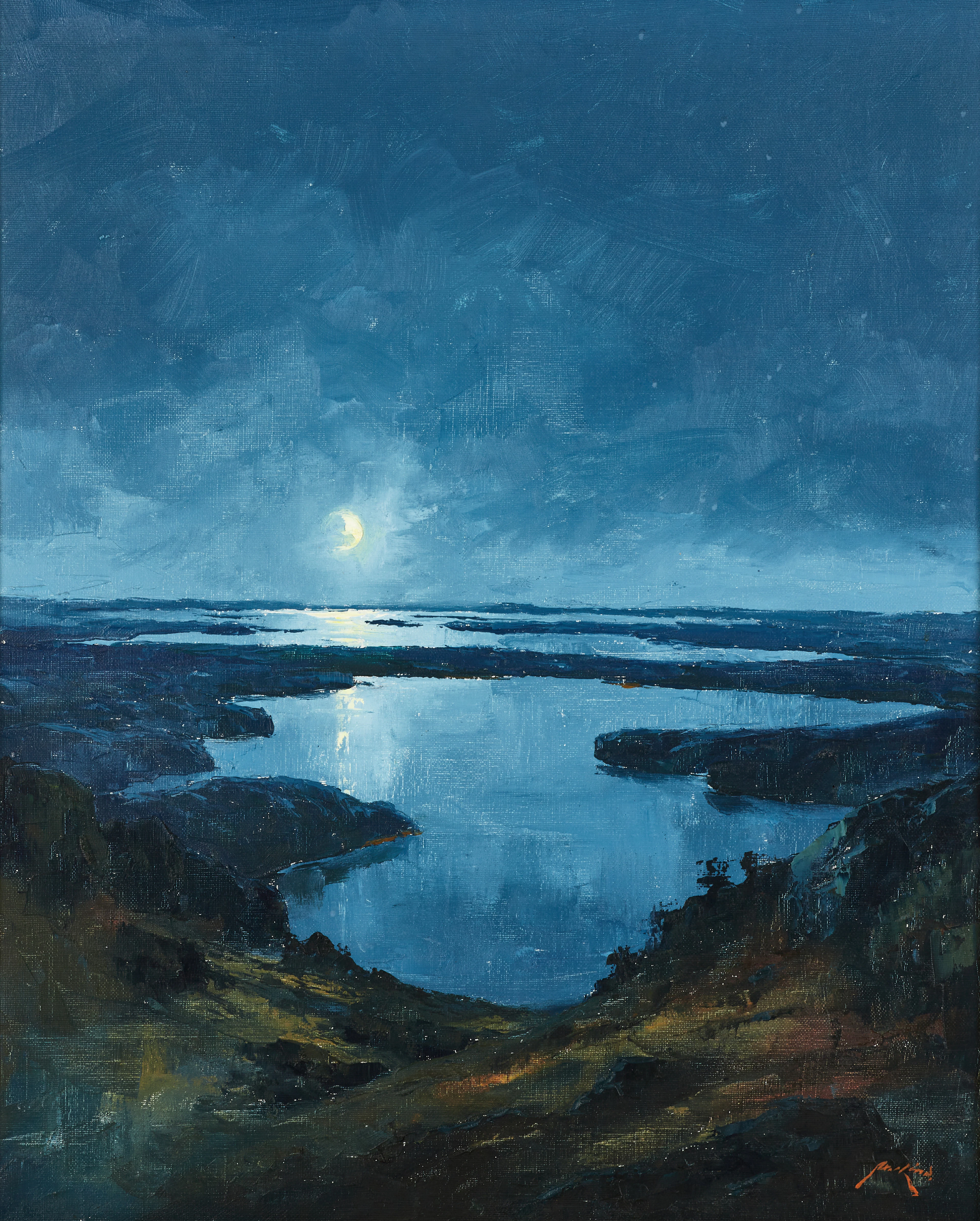 AXEL LIND (1907-2011). Kustmotiv i månsken. Signerad. Olja på duk.