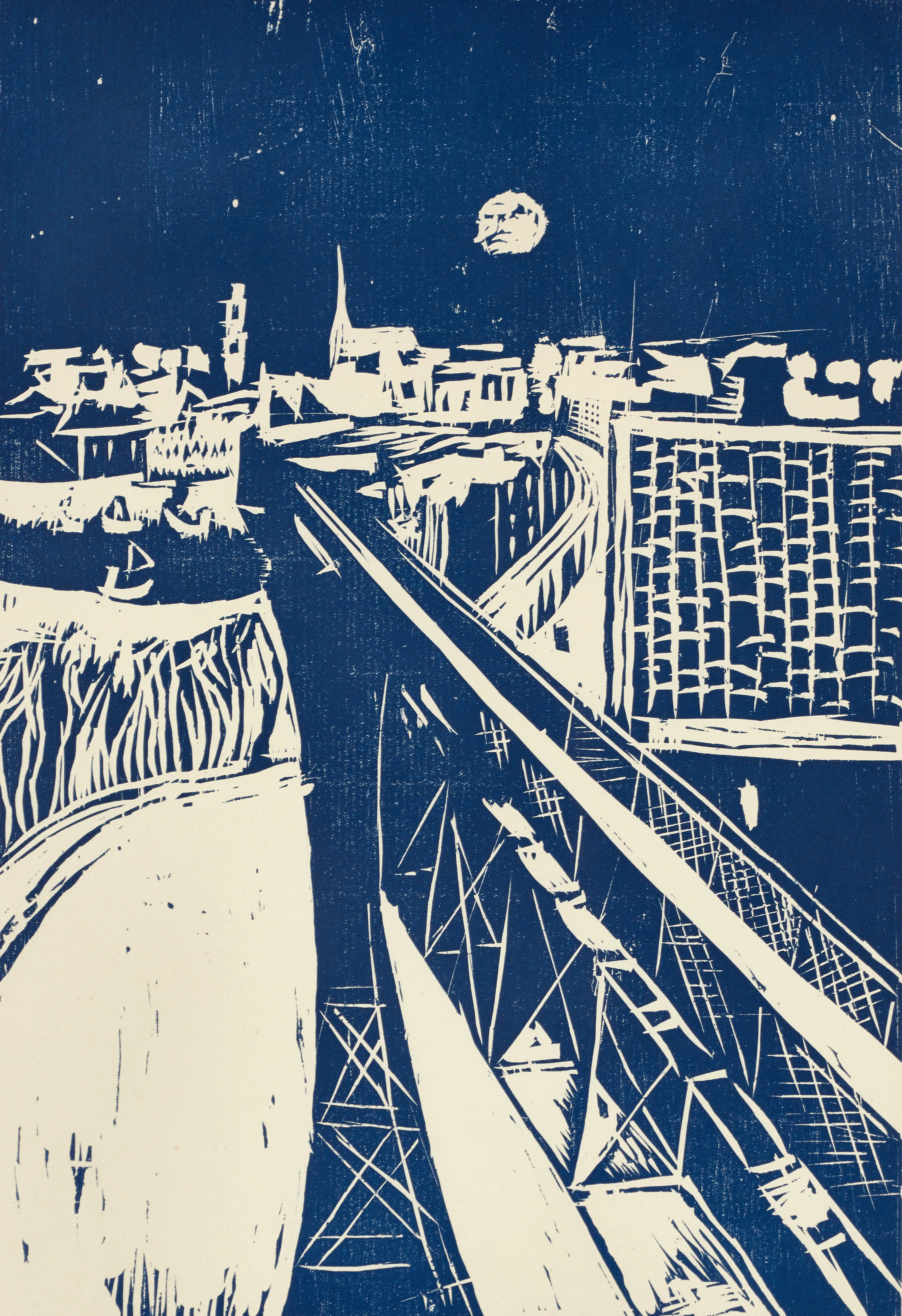 SVEN X:ET ERIXSON (SVERIGE, 1899–1970). "Månen över staden", linoleumsnitt.