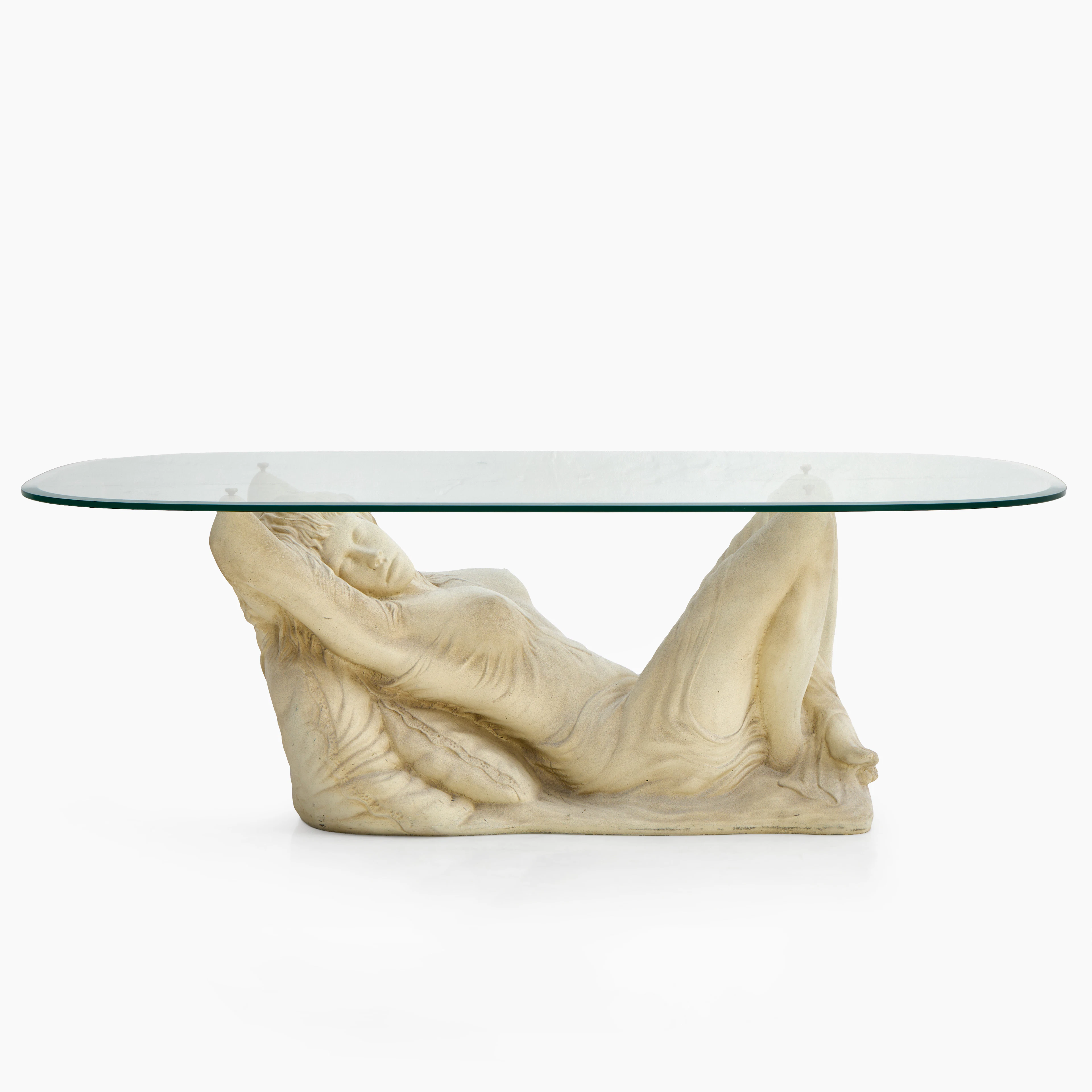 SOFFBORD, sent 1900-tal, glasskiva på skulpturalt underrede.