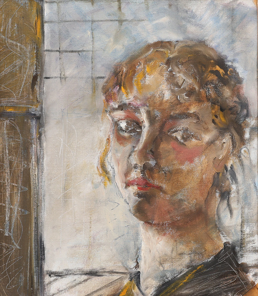 STINA EBERS 1962-2025. OLJA PÅ OUPPSPÄND DUK, SJÄLVPORTRÄTT, OSIGNERAD.
