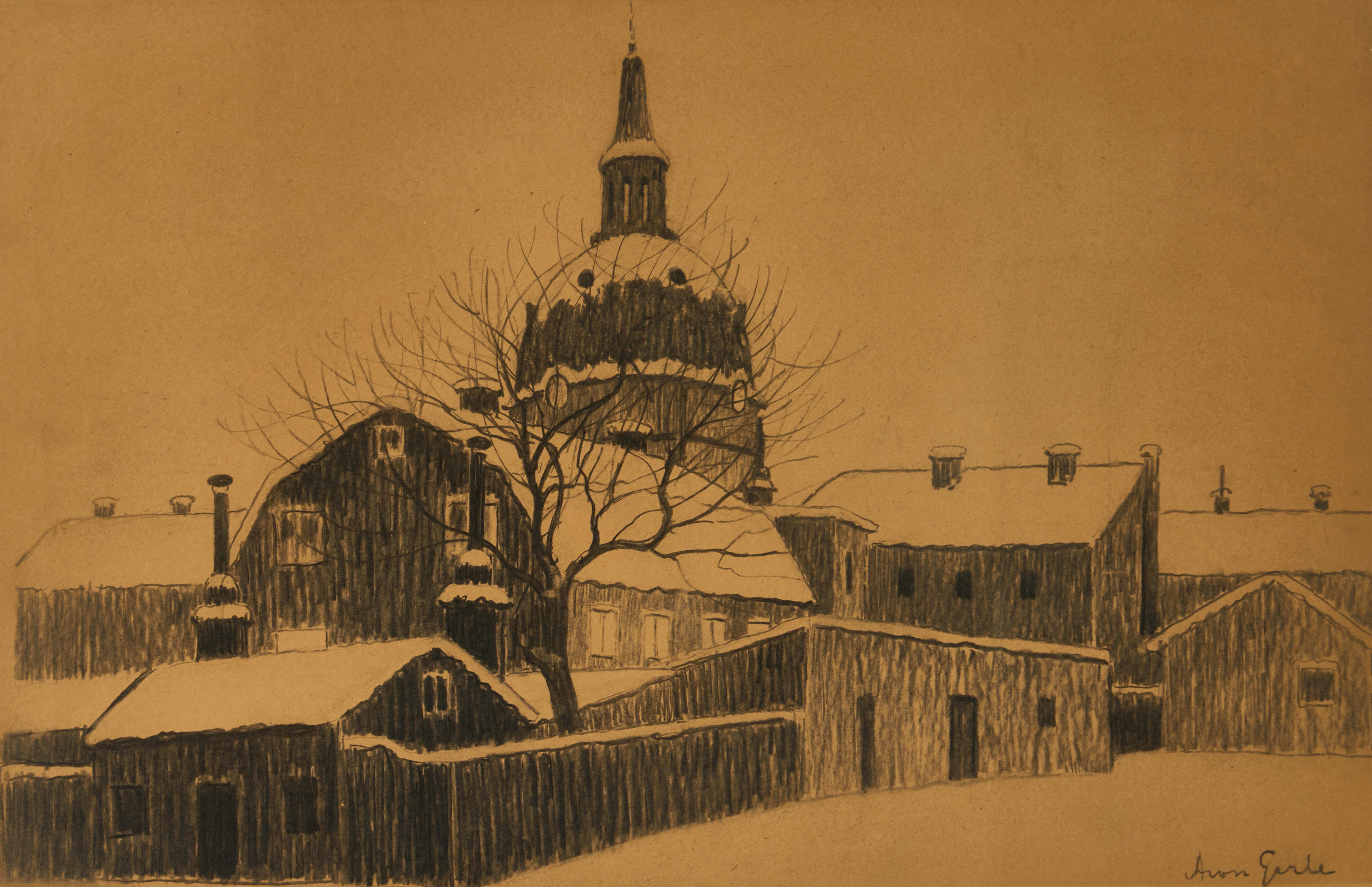 ARON GERLE (1860-1930). Katarina kyrka, signerad Aron Gerle, kolteckning.