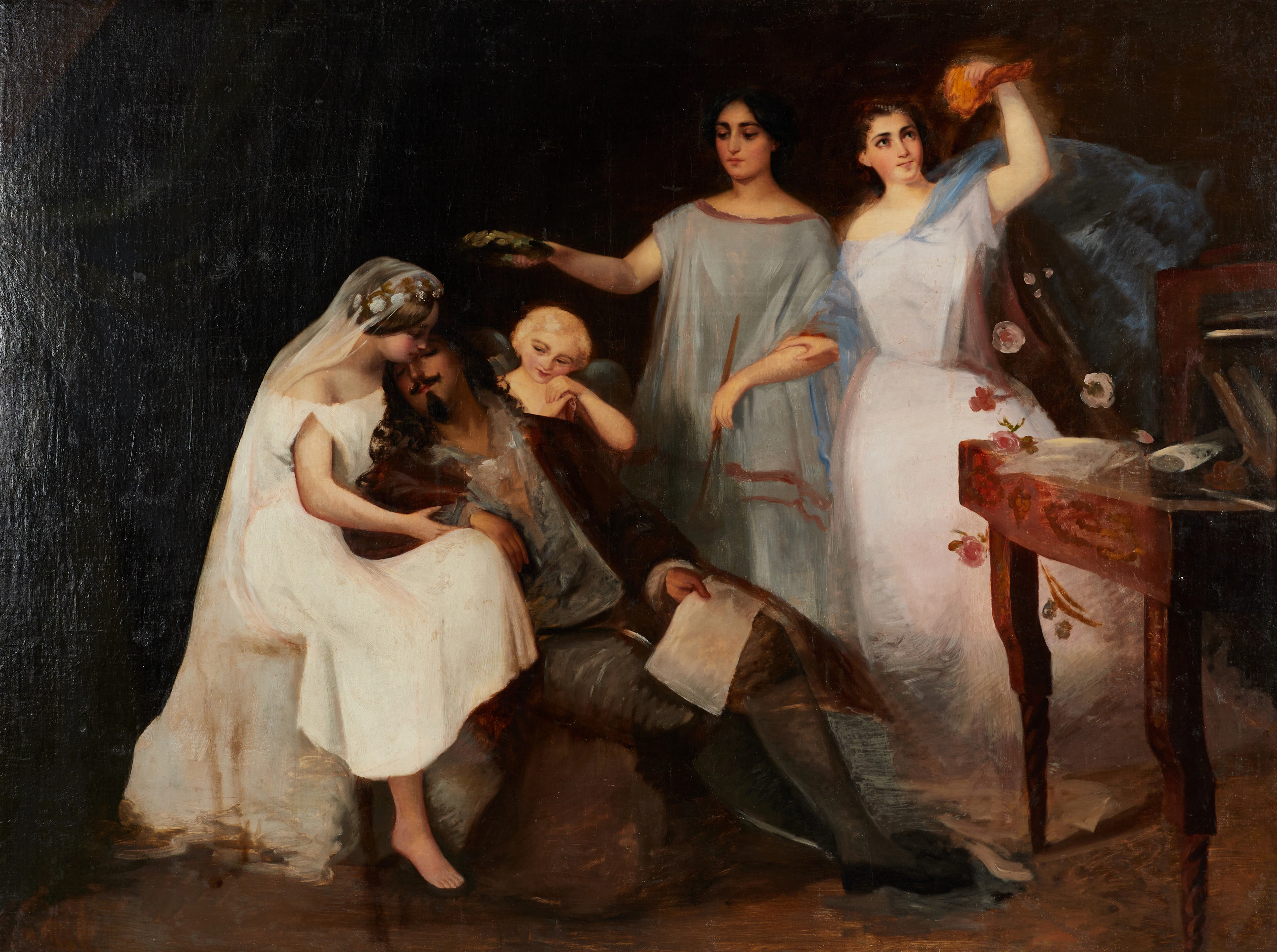 OIDENTIFIERAD KONSTNÄR (1800/1900), Figurscen, olja på duk ställd på pannå.