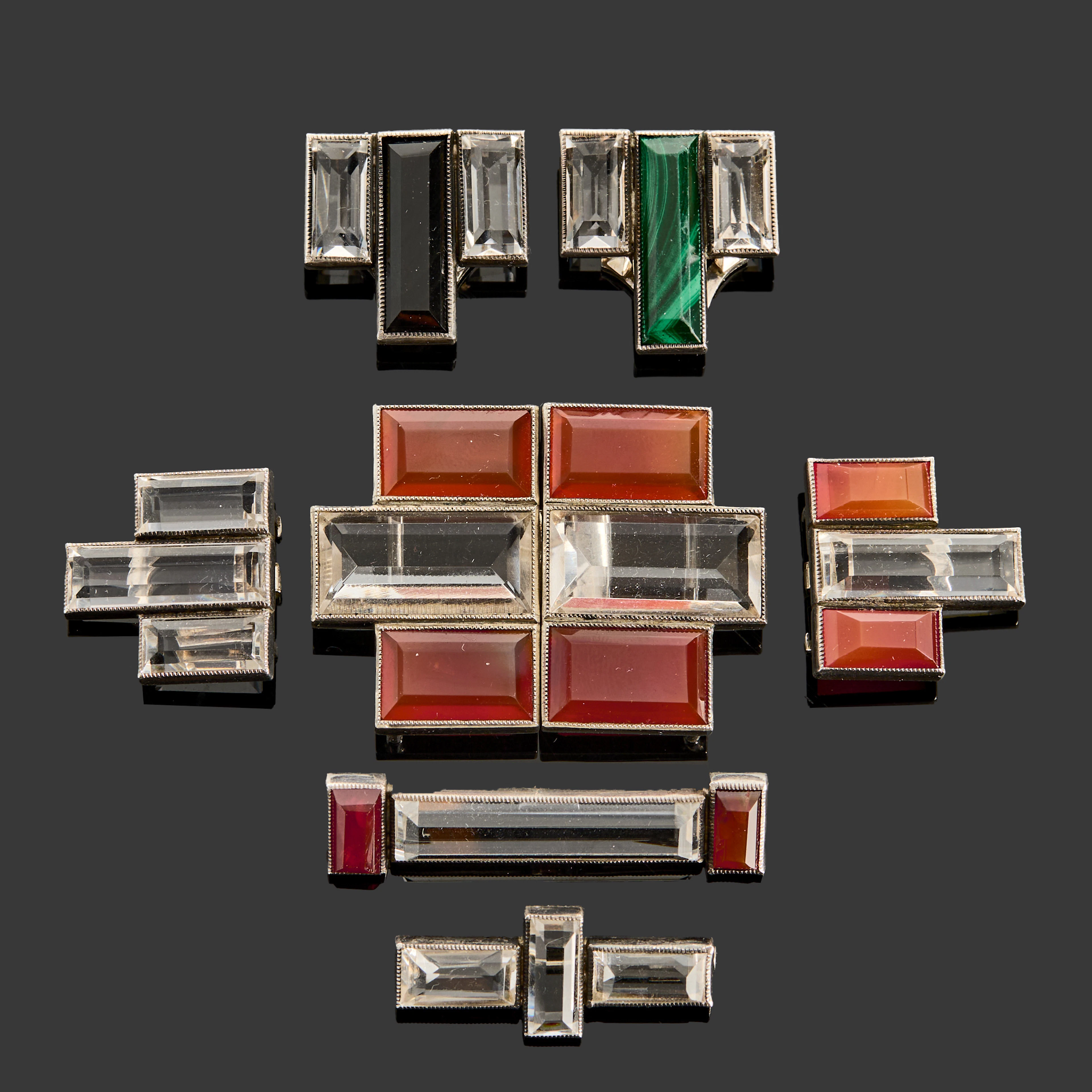 UYEDA SHOTEN. Spännen & broscher, 8 st, silver, onyx, malakit, bergkristall