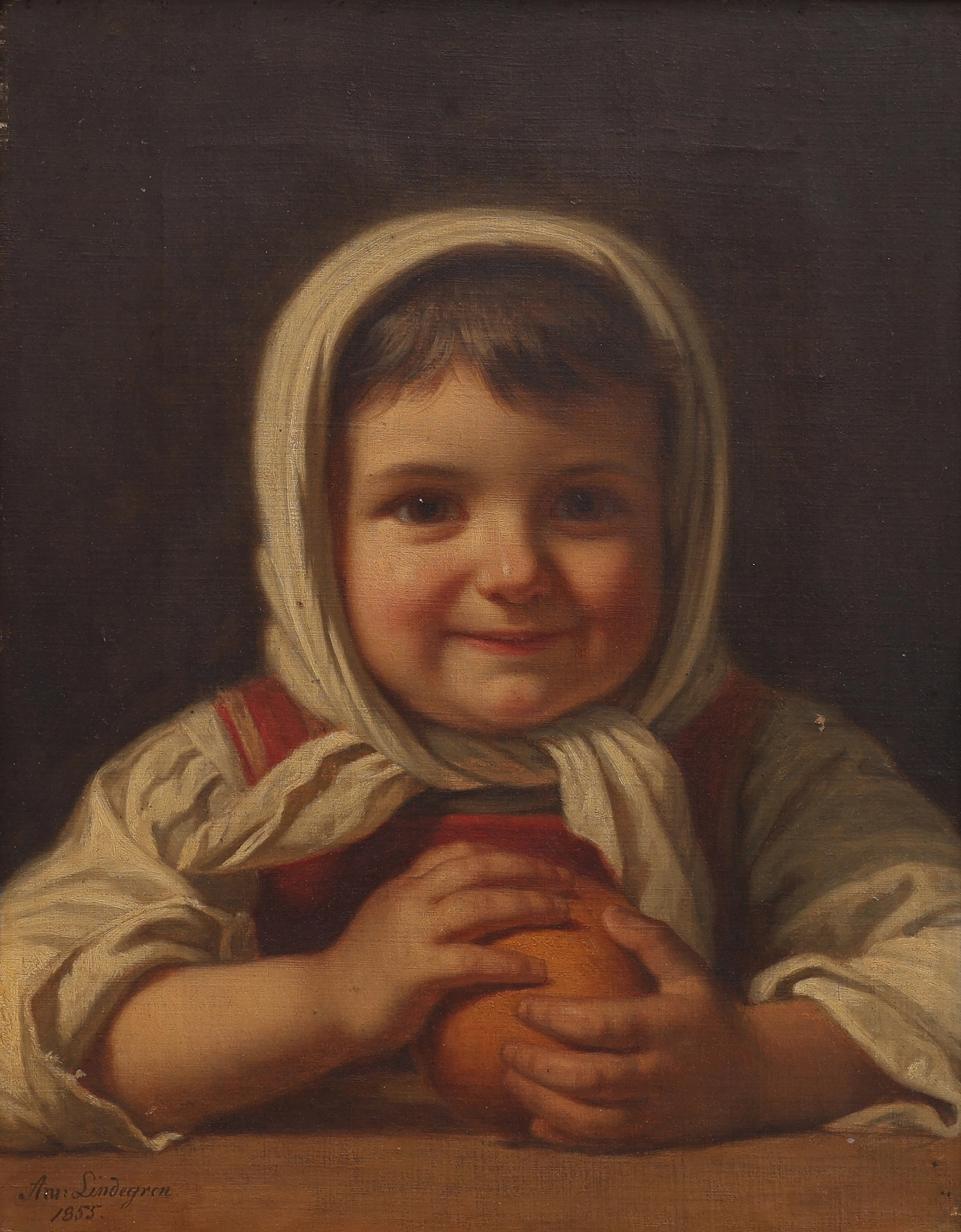 AMALIA LINDEGREN 1814-1891. OLJA PÅ DUK, "FLICKA MED APELSIN", SIGNERAD