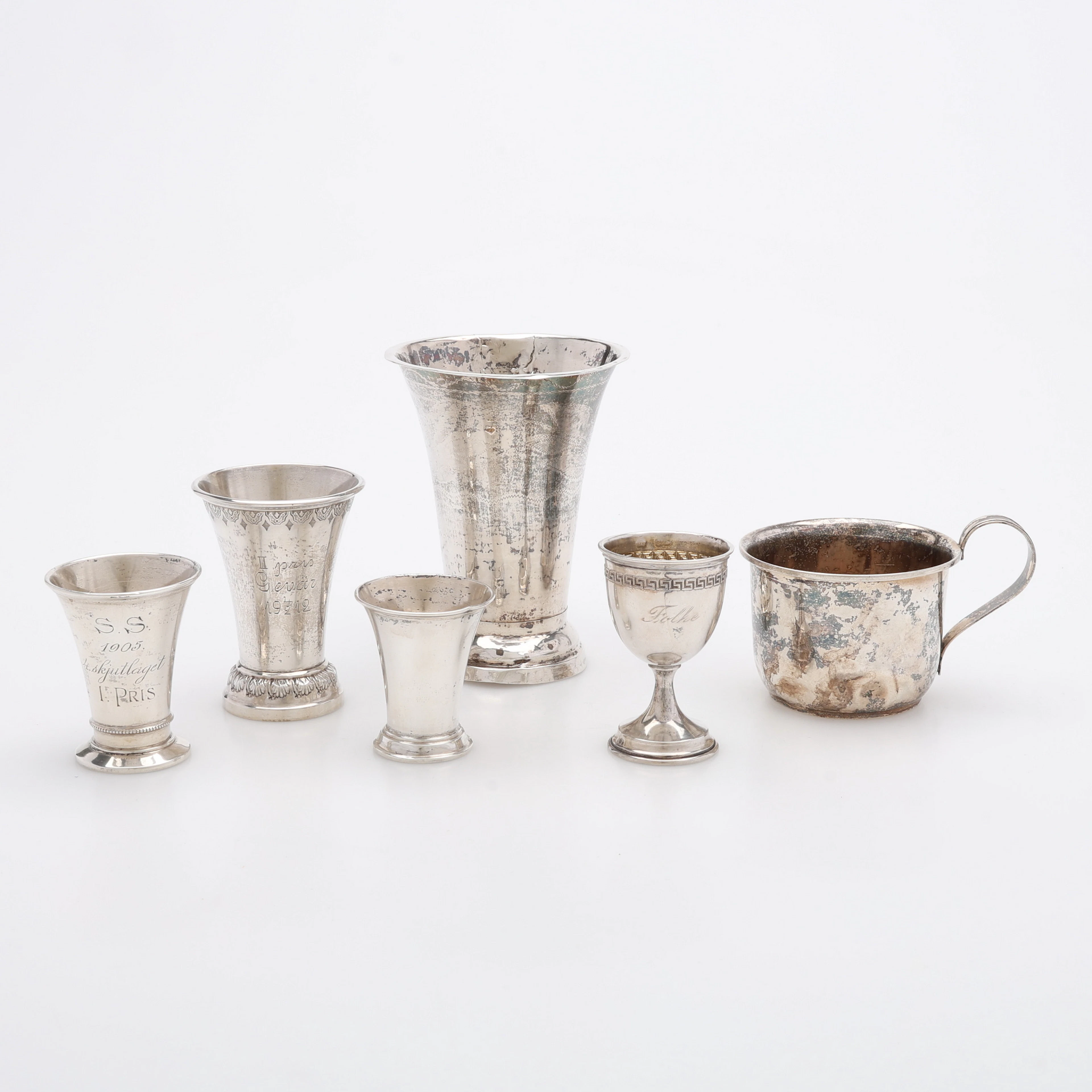 BÄGARE & MUGG, 6 DELAR, SILVER, MESTADELS SVERIGE, 18/1900-TAL, TOTALT