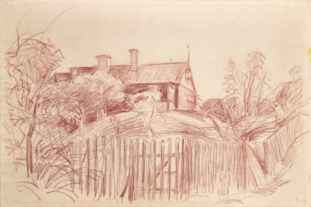 KARL NORDSTRÖM (Tjörn 1855-1923 Drottningholm). Hus bakom ett staket