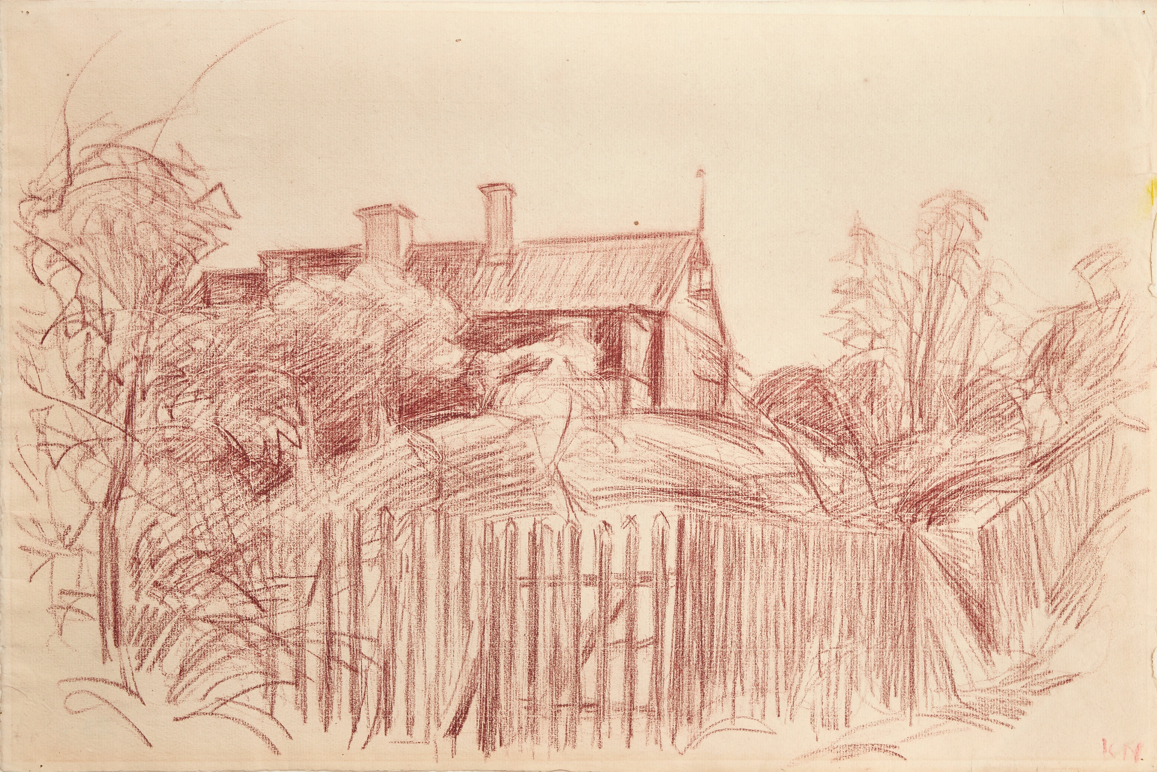 KARL NORDSTRÖM (Tjörn 1855-1923 Drottningholm). Hus bakom ett staket