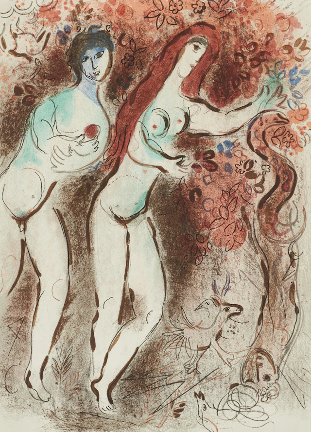MARC CHAGALL (1887-1985): "Adam och Eva och den förbjudna frukten"