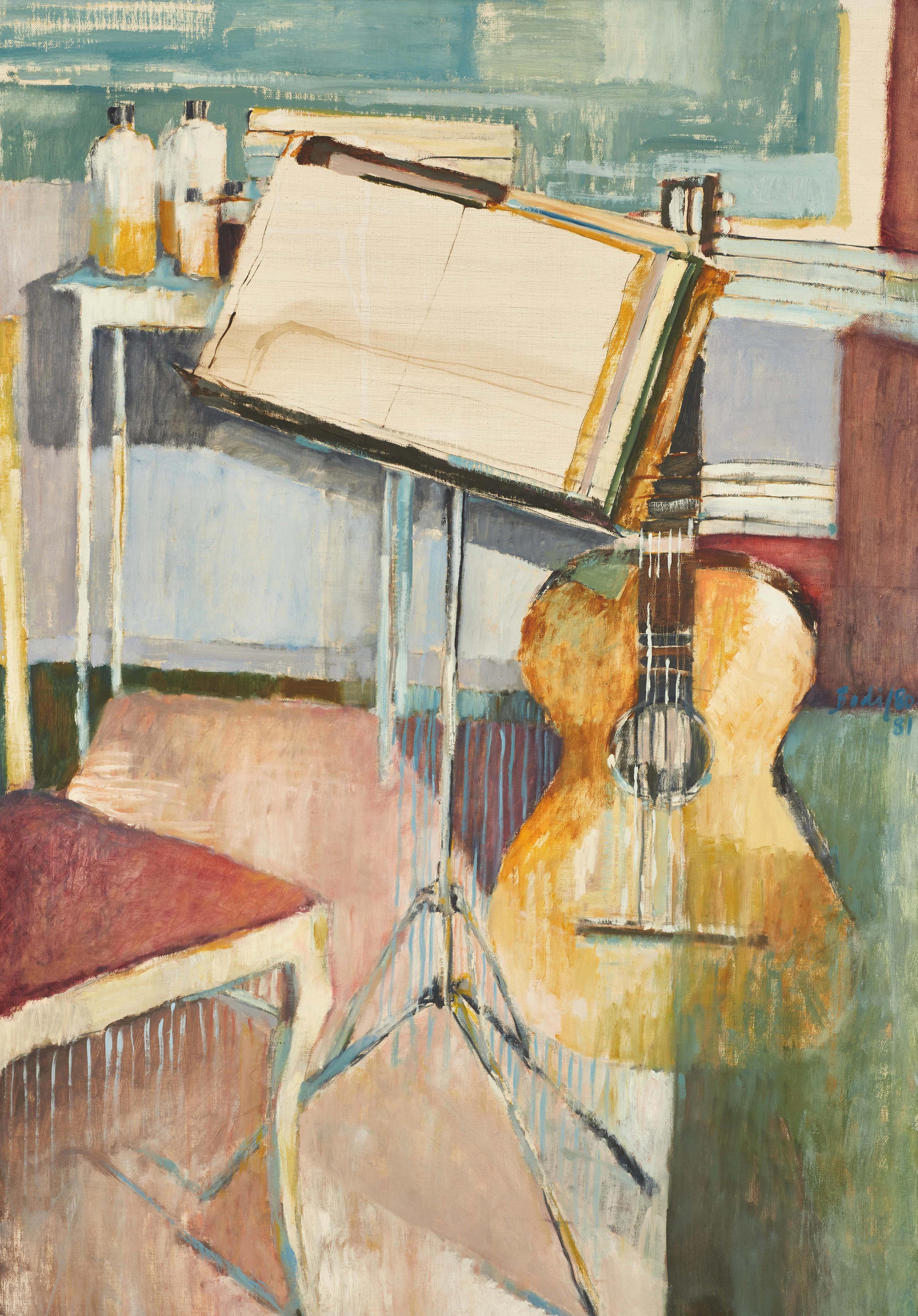 BODIL LENNARTSSON (född 1948): Gitarr och notställ, signerad och daterad