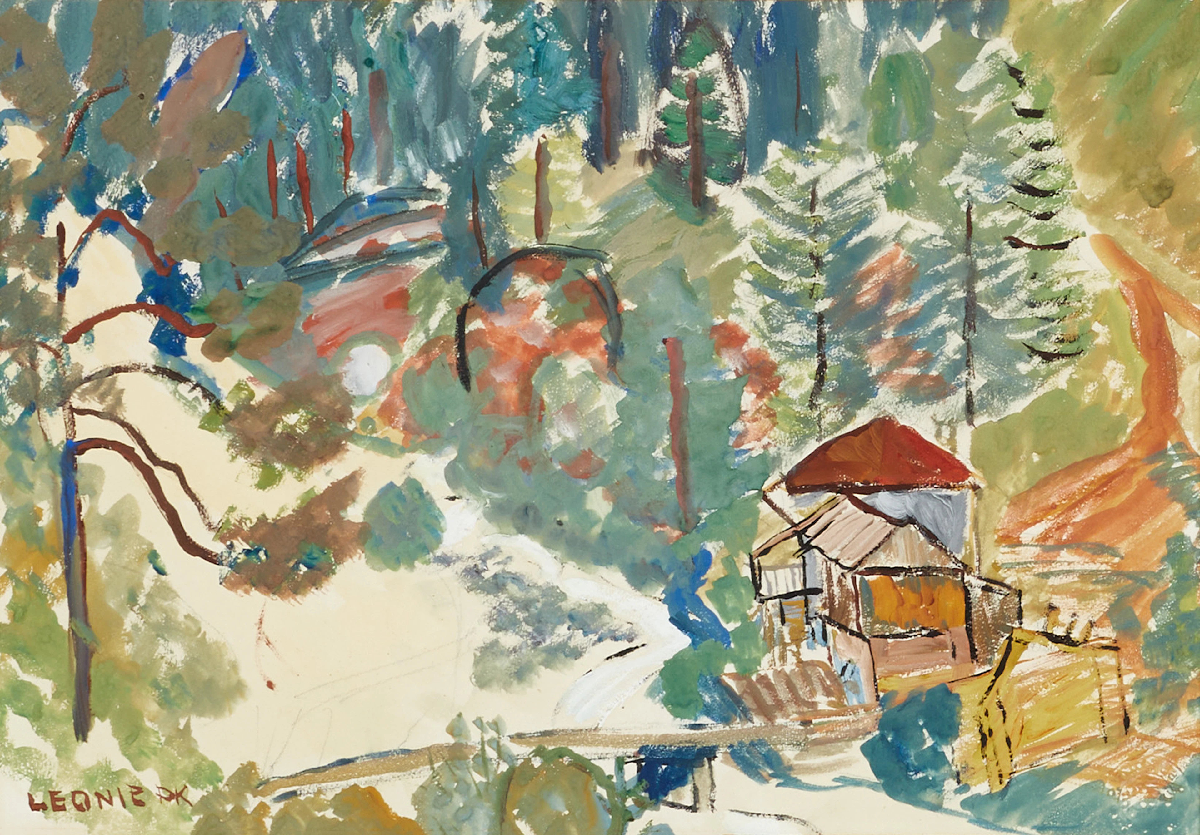 LEONIE PILEWSKI-KARLSSON (1897-1992), komposition med hus vid skogsparti