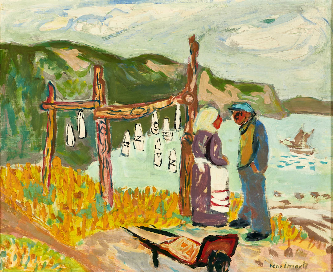 GERHARD KARLMARK. Kustlandskap med segelbåtar och ett figurpar, olja