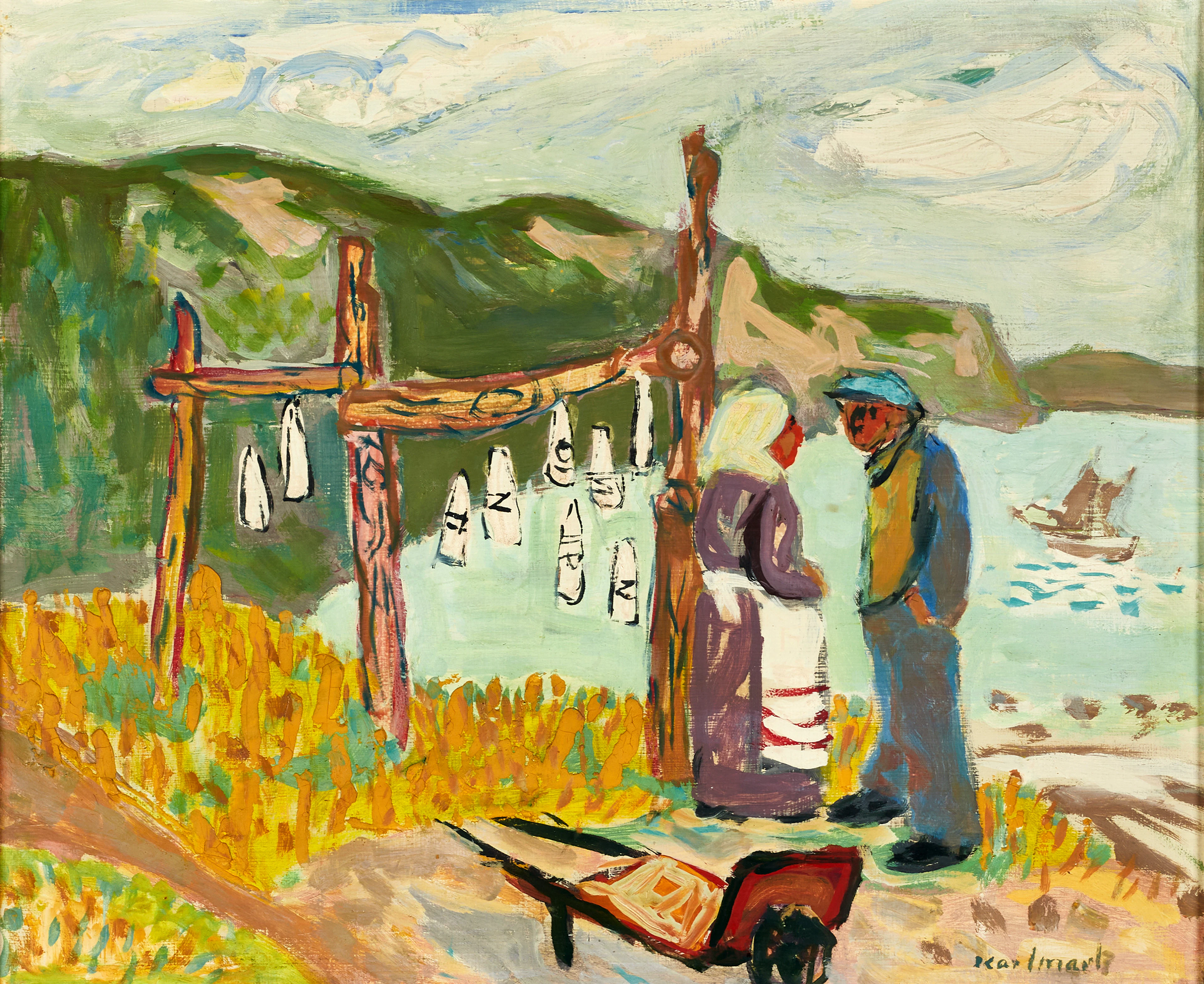 GERHARD KARLMARK. Kustlandskap med segelbåtar och ett figurpar, olja